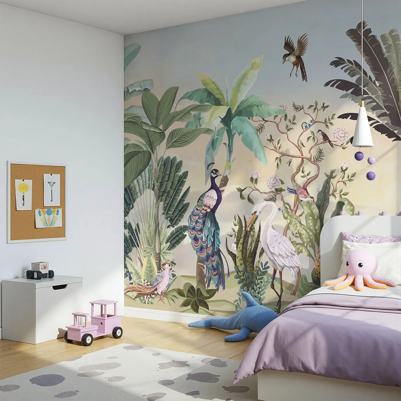 Angled view of Whimsy Tots' Sunset Jungle Panorama Wall Mural (Turn Their Room into a Classic, Grand Safari Scene).Gender-Neutral