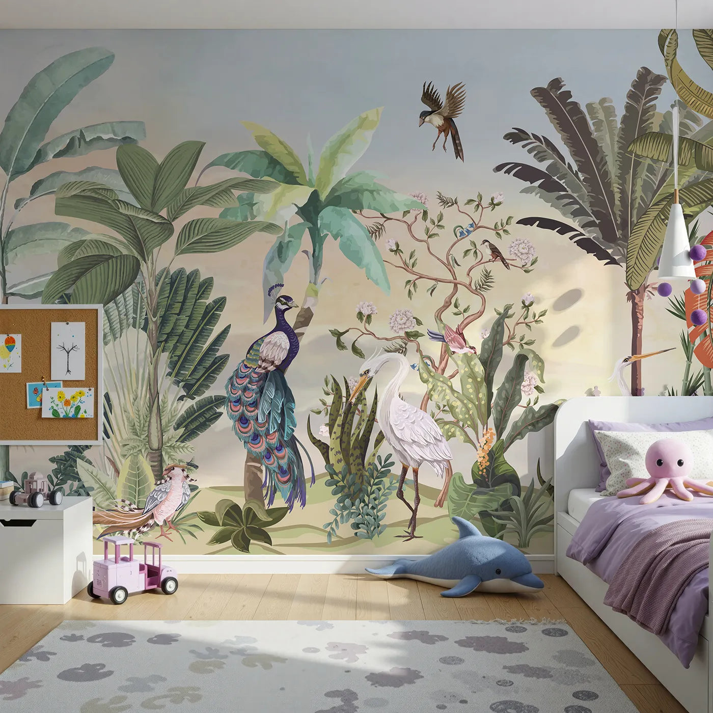 Front view of Whimsy Tots' Sunset Jungle Panorama Wall Mural