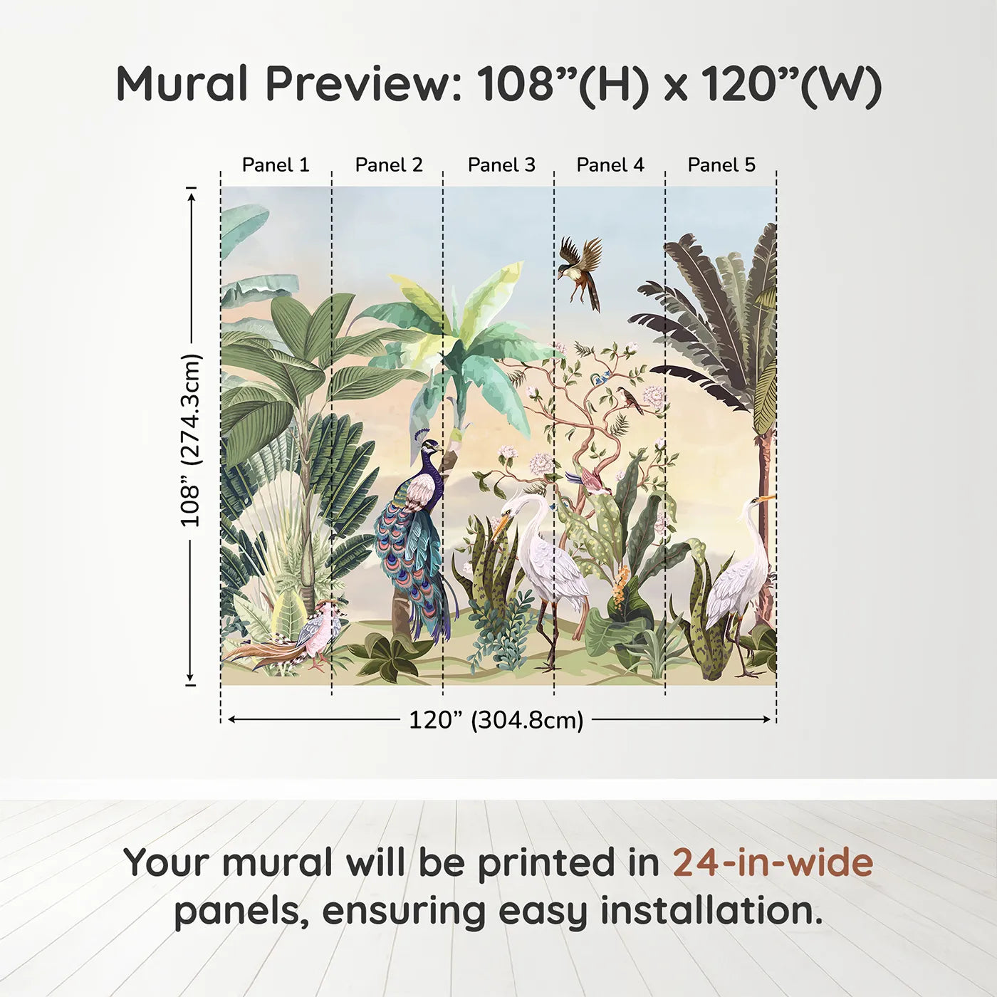 Whimsy Tots Sunset Jungle Panorama Wall Muraldimension view (108" H x 120" W). Printed in five 24-inch-wide panels. Gender-Neutral