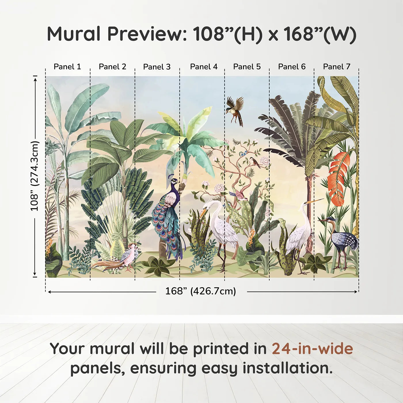Whimsy Tots Sunset Jungle Panorama Wall Muraldimension view (108" H x 168" W). Printed in seven 24-inch-wide panels. Gender-Neutral