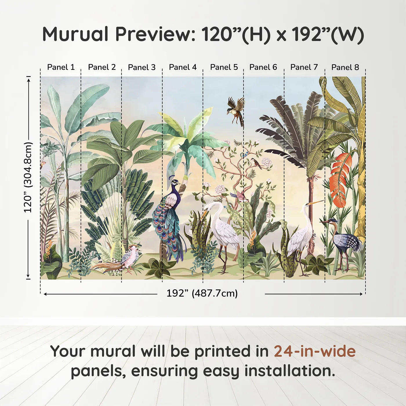 Whimsy Tots Sunset Jungle Panorama Wall Muraldimension view (120" H x 192" W). Printed in eight 24-inch-wide panels. Gender-Neutral