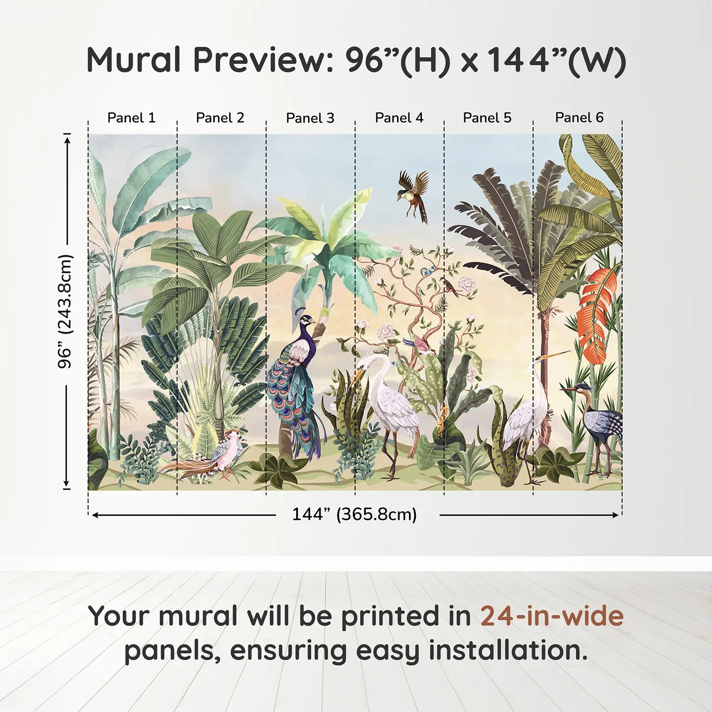 Whimsy Tots Sunset Jungle Panorama Wall Muraldimension view (96" H x 144" W). Printed in six 24-inch-wide panels. Gender-Neutral