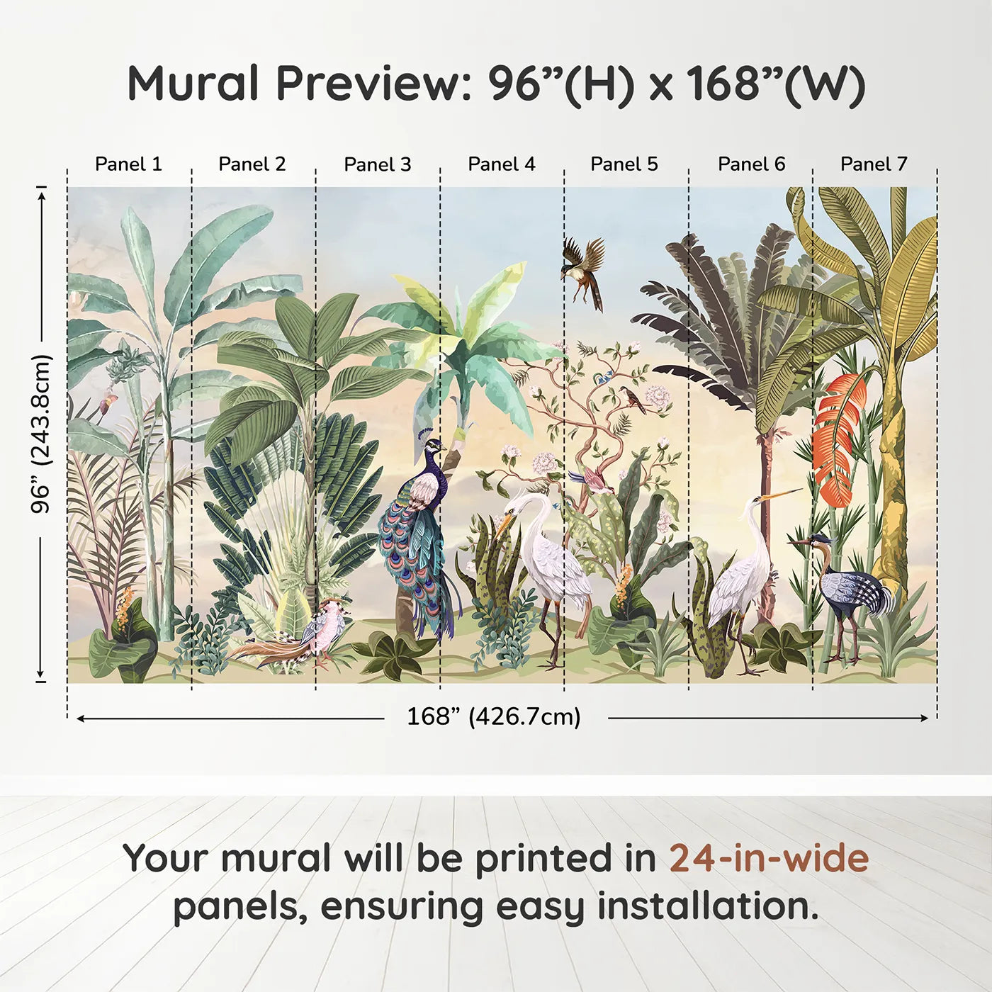 Whimsy Tots Sunset Jungle Panorama Wall Muraldimension view (96" H x 168" W). Printed in seven 24-inch-wide panels. Gender-Neutral