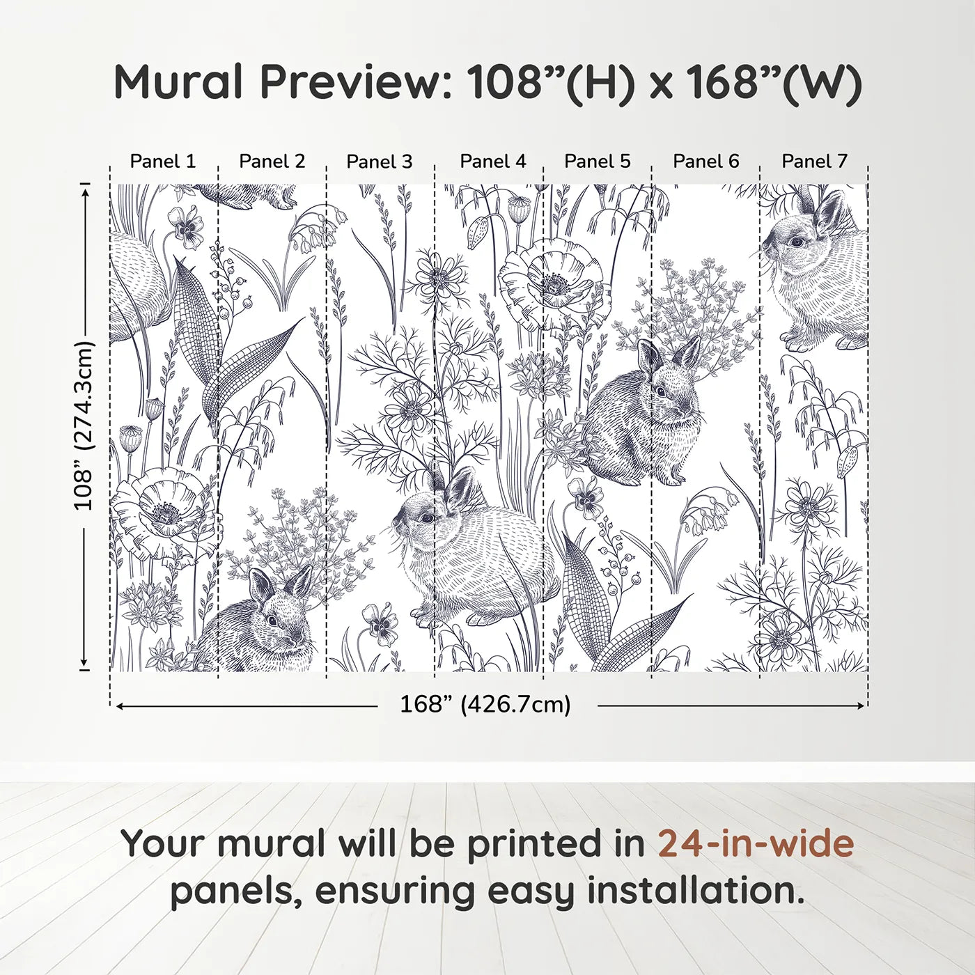 Whimsy Tots Vintage Rabbit Meadow Wall Muraldimension view (108" H x 168" W). Printed in seven 24-inch-wide panels. Gender-Neutral