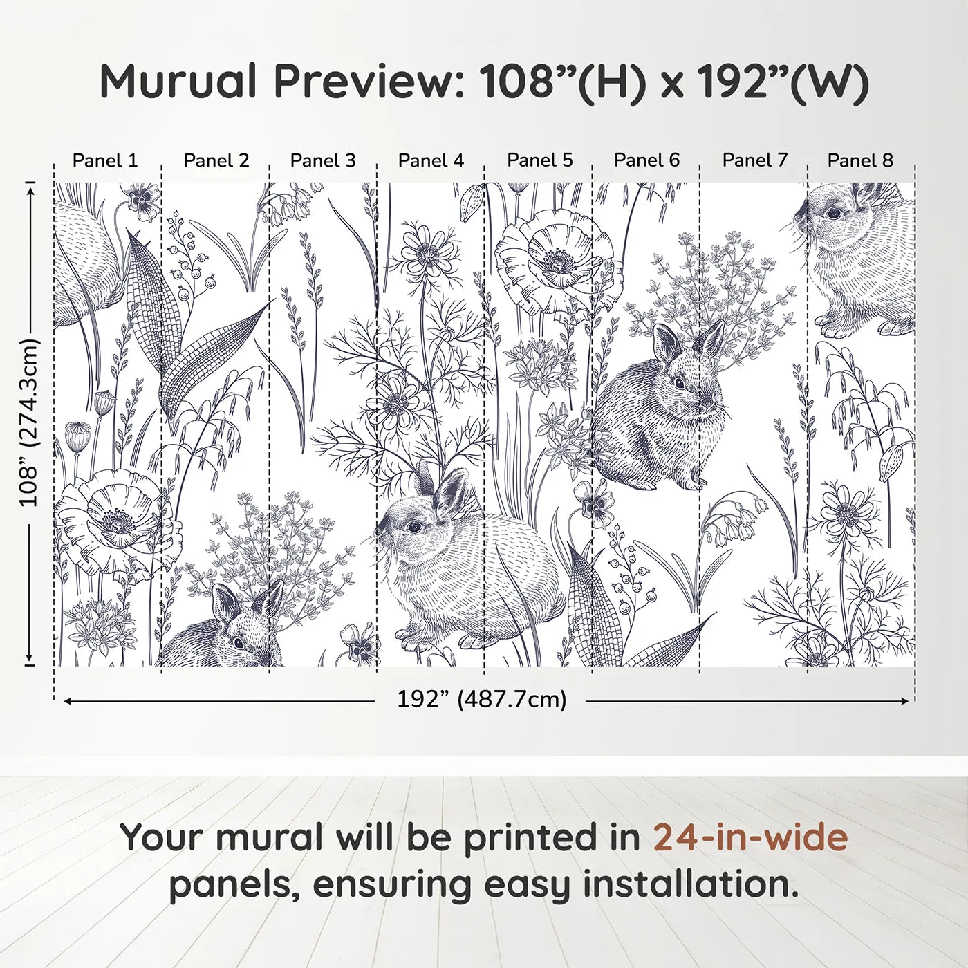 Whimsy Tots Vintage Rabbit Meadow Wall Muraldimension view (108" H x 192" W). Printed in eight 24-inch-wide panels. Gender-Neutral