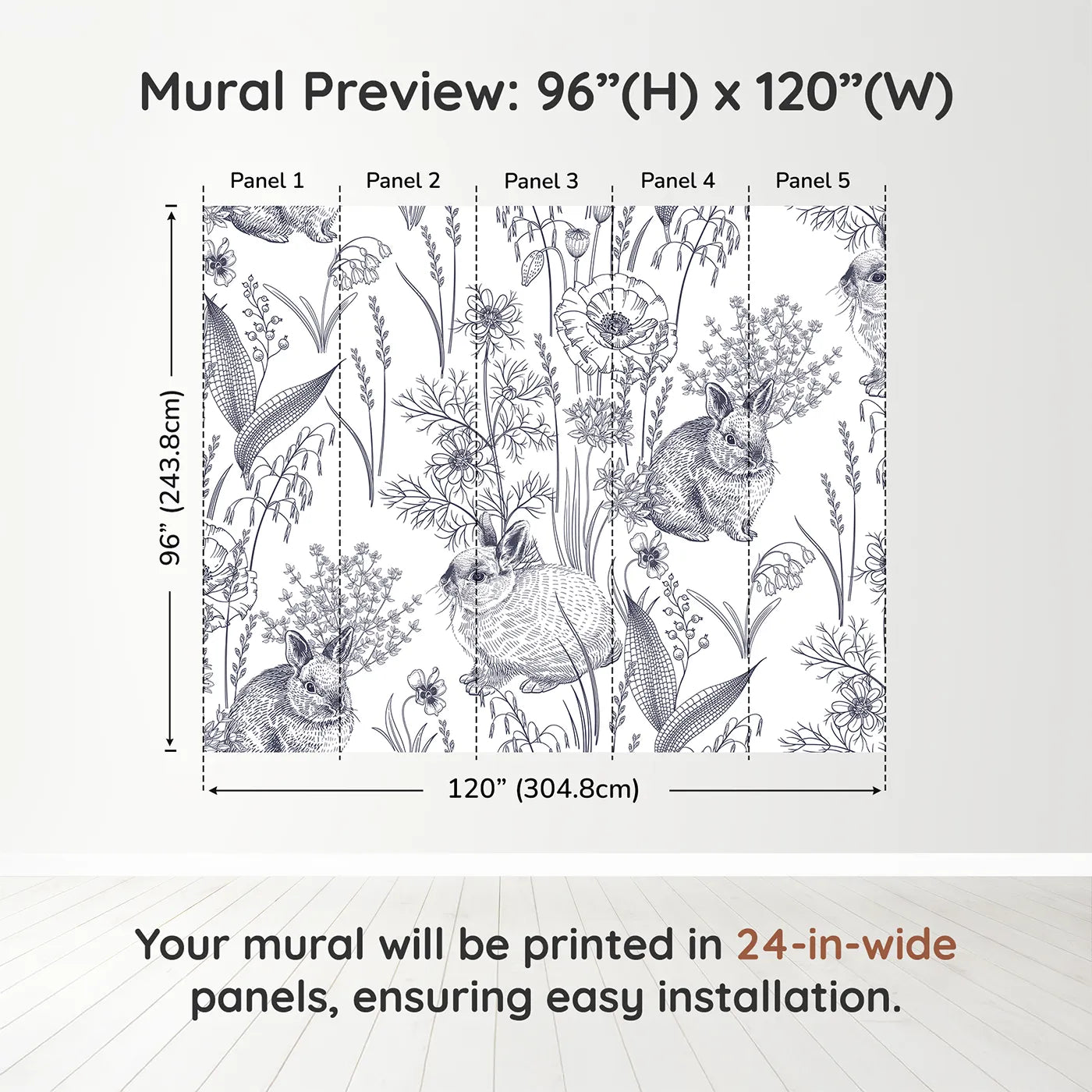 Whimsy Tots Vintage Rabbit Meadow Wall Muraldimension view (96" H x 120" W). Printed in five 24-inch-wide panels. Gender-Neutral