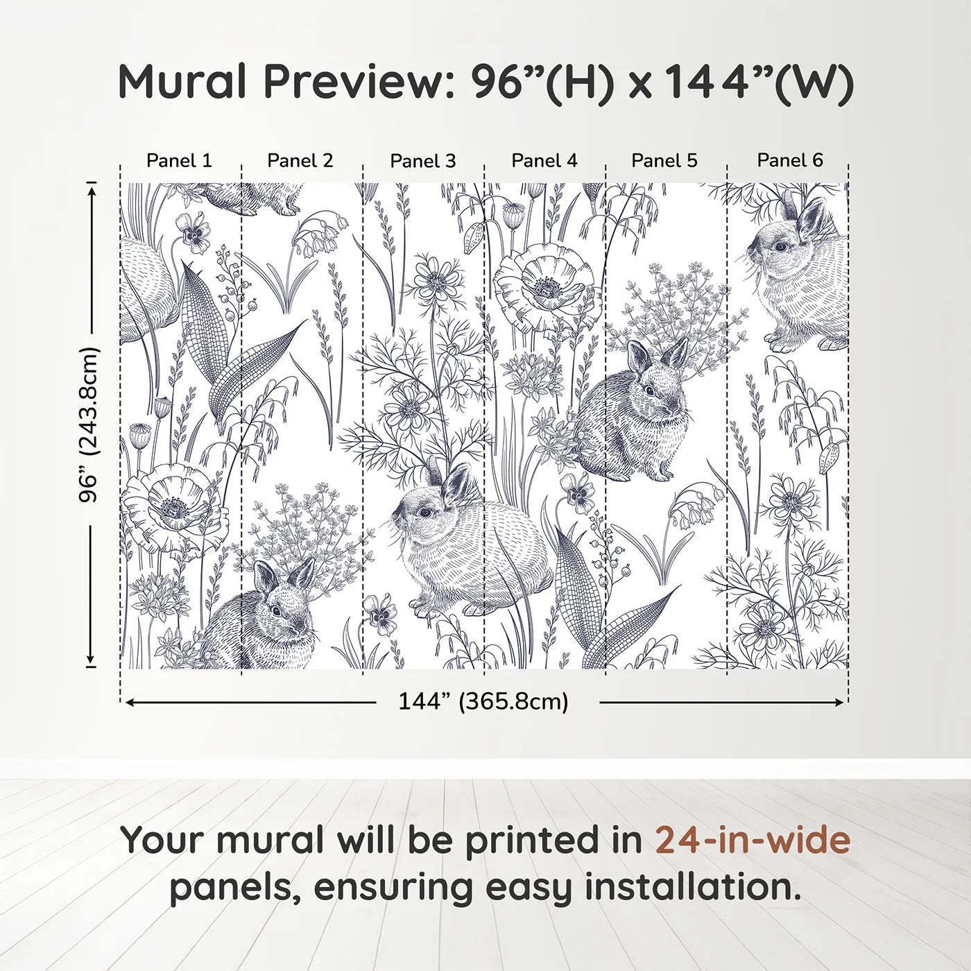 Whimsy Tots Vintage Rabbit Meadow Wall Muraldimension view (96" H x 144" W). Printed in six 24-inch-wide panels. Gender-Neutral