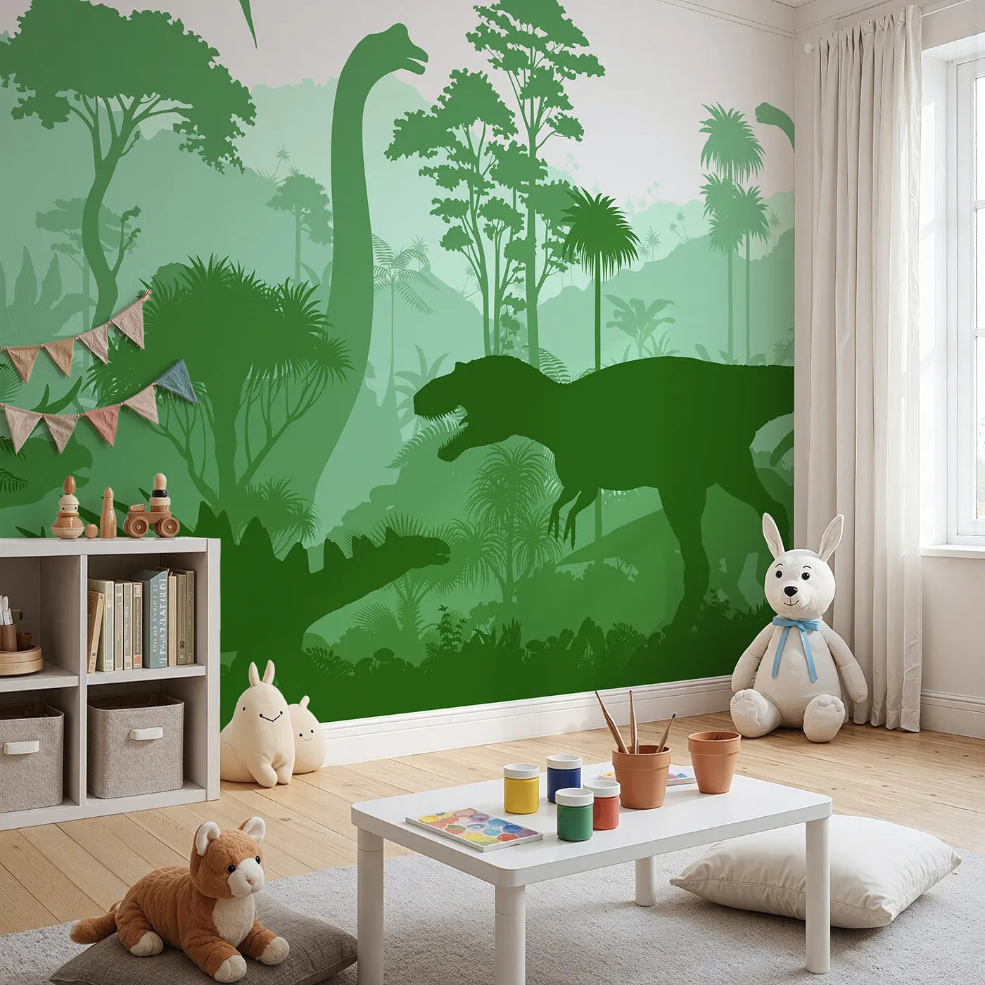 Angled view of Whimsy Tots' Green Dinosaur Silhouette Wall Mural (Turn Their Room into a Lush and Layered Prehistoric World).Gender-Neutral
