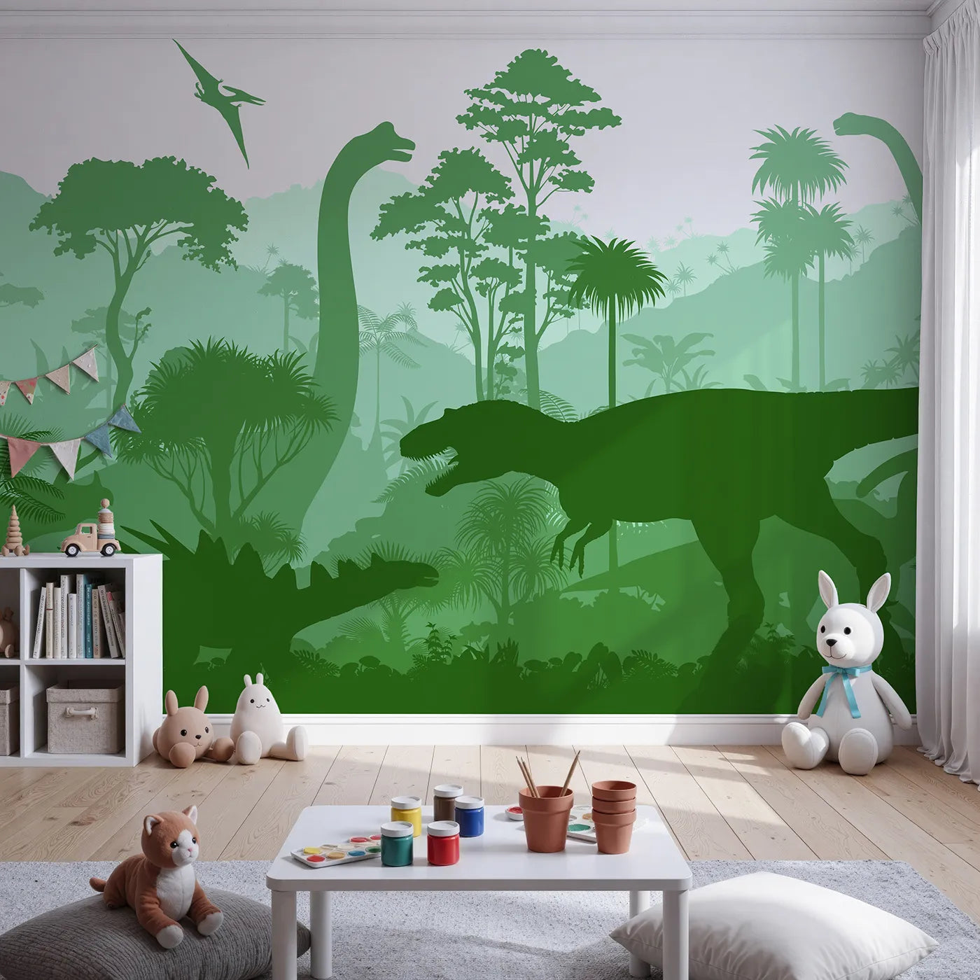 Front view of Whimsy Tots' Green Dinosaur Silhouette Wall Mural