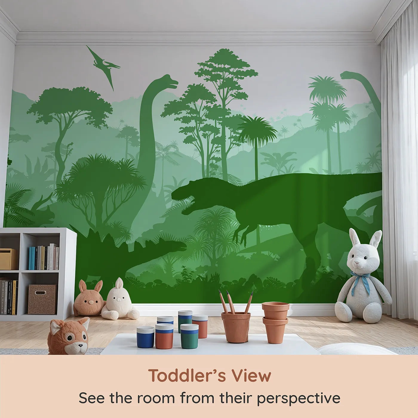 Whimsy Tots Green Dinosaur Silhouette Wall Mural (Turn Their Room into a Lush and Layered Prehistoric World) from your child's view.Gender-Neutral