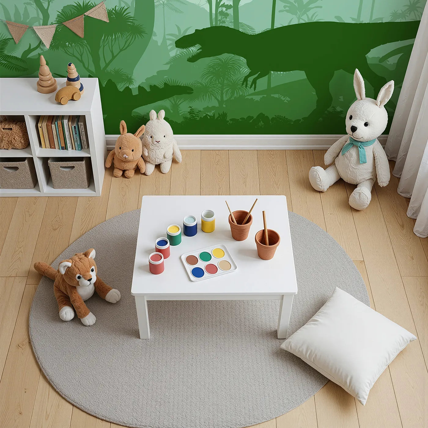 Top-down view of Whimsy Tots' Green Dinosaur Silhouette Wall Mural (Turn Their Room into a Lush and Layered Prehistoric World).Gender-Neutral