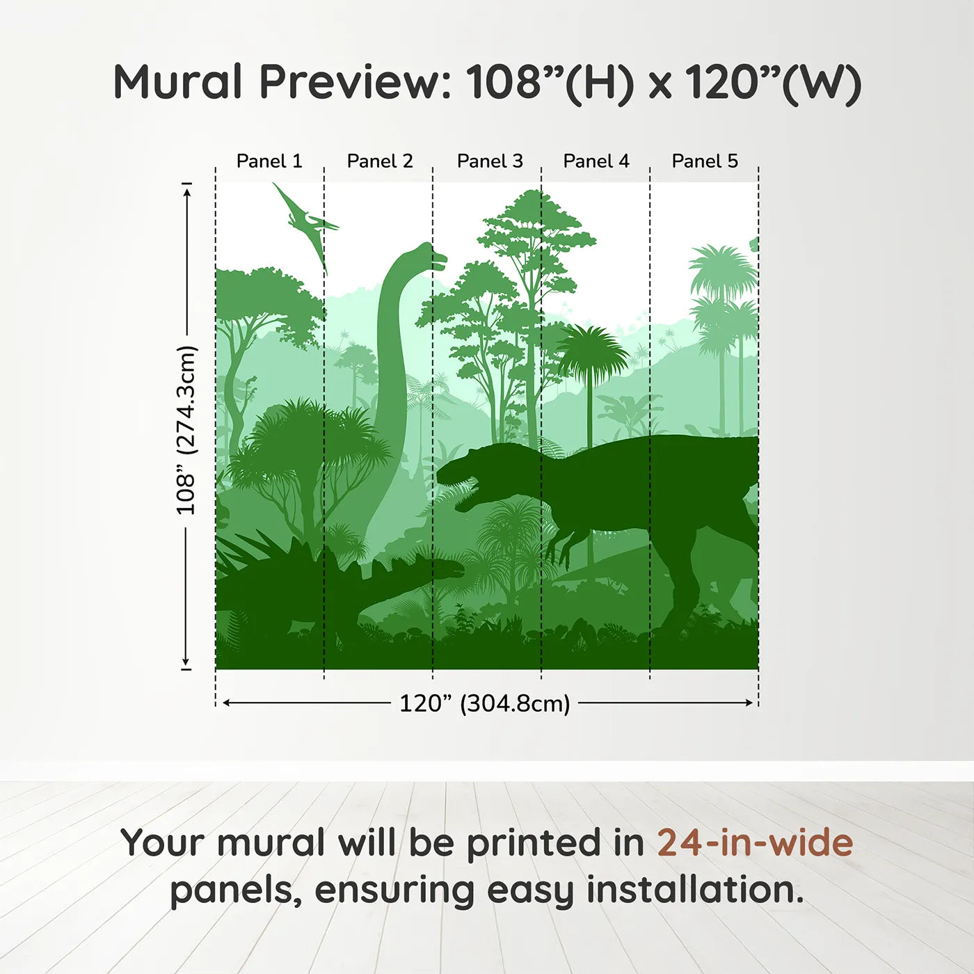 Whimsy Tots Green Dinosaur Silhouette Wall Muraldimension view (108" H x 120" W). Printed in five 24-inch-wide panels. Gender-Neutral