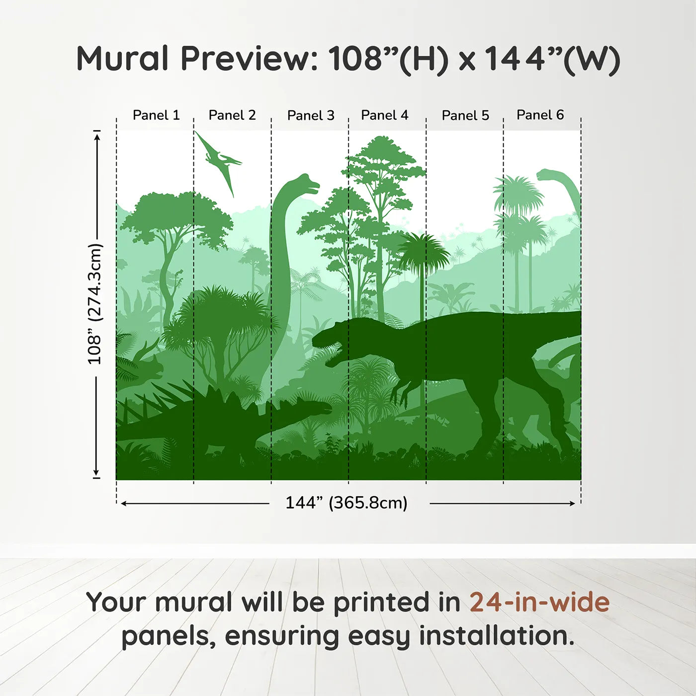Whimsy Tots Green Dinosaur Silhouette Wall Muraldimension view (108" H x 144" W). Printed in six 24-inch-wide panels. Gender-Neutral