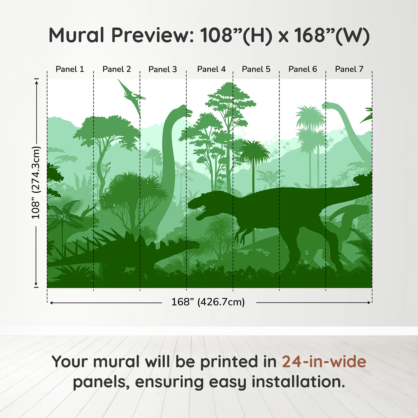 Whimsy Tots Green Dinosaur Silhouette Wall Muraldimension view (108" H x 168" W). Printed in seven 24-inch-wide panels. Gender-Neutral