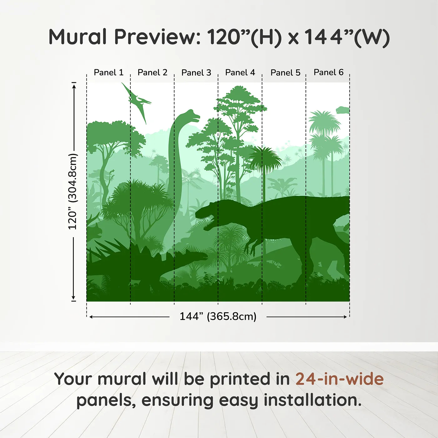 Whimsy Tots Green Dinosaur Silhouette Wall Muraldimension view (120" H x 144" W). Printed in six 24-inch-wide panels. Gender-Neutral