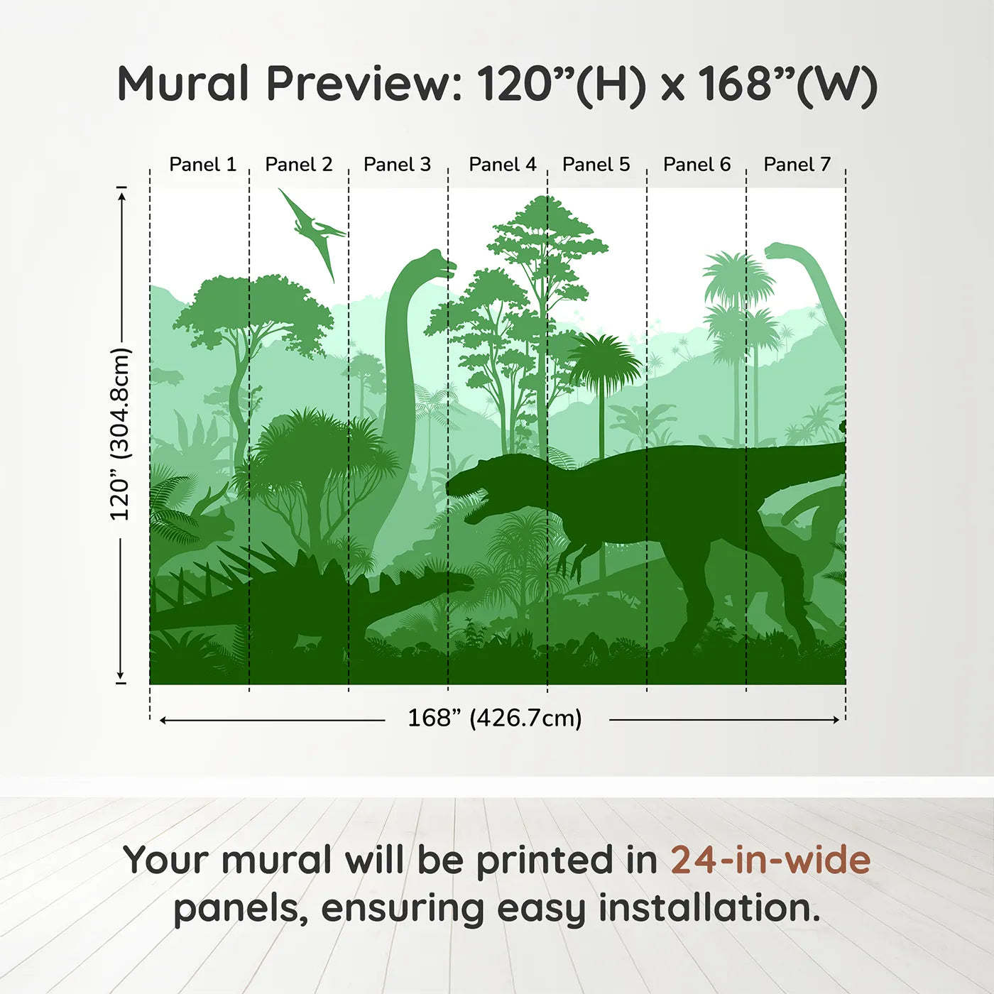 Whimsy Tots Green Dinosaur Silhouette Wall Muraldimension view (120" H x 168" W). Printed in seven 24-inch-wide panels. Gender-Neutral