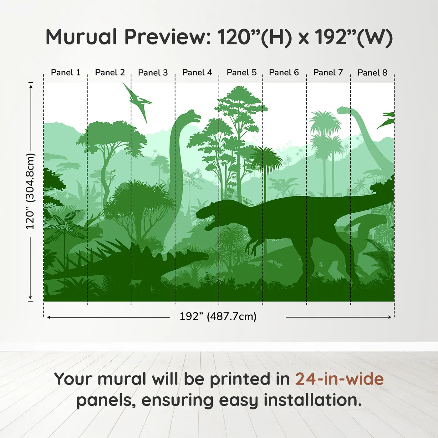 Whimsy Tots Green Dinosaur Silhouette Wall Muraldimension view (120" H x 192" W). Printed in eight 24-inch-wide panels. Gender-Neutral