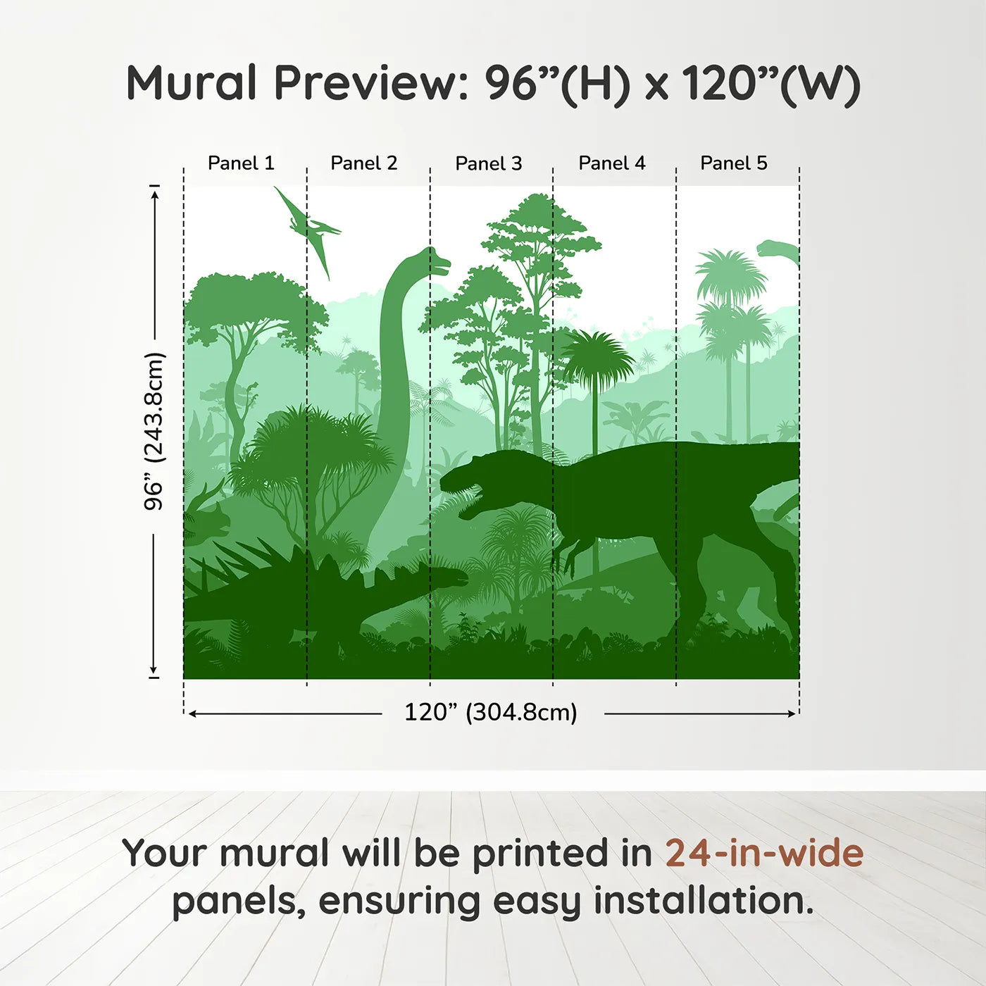 Whimsy Tots Green Dinosaur Silhouette Wall Muraldimension view (96" H x 120" W). Printed in five 24-inch-wide panels. Gender-Neutral