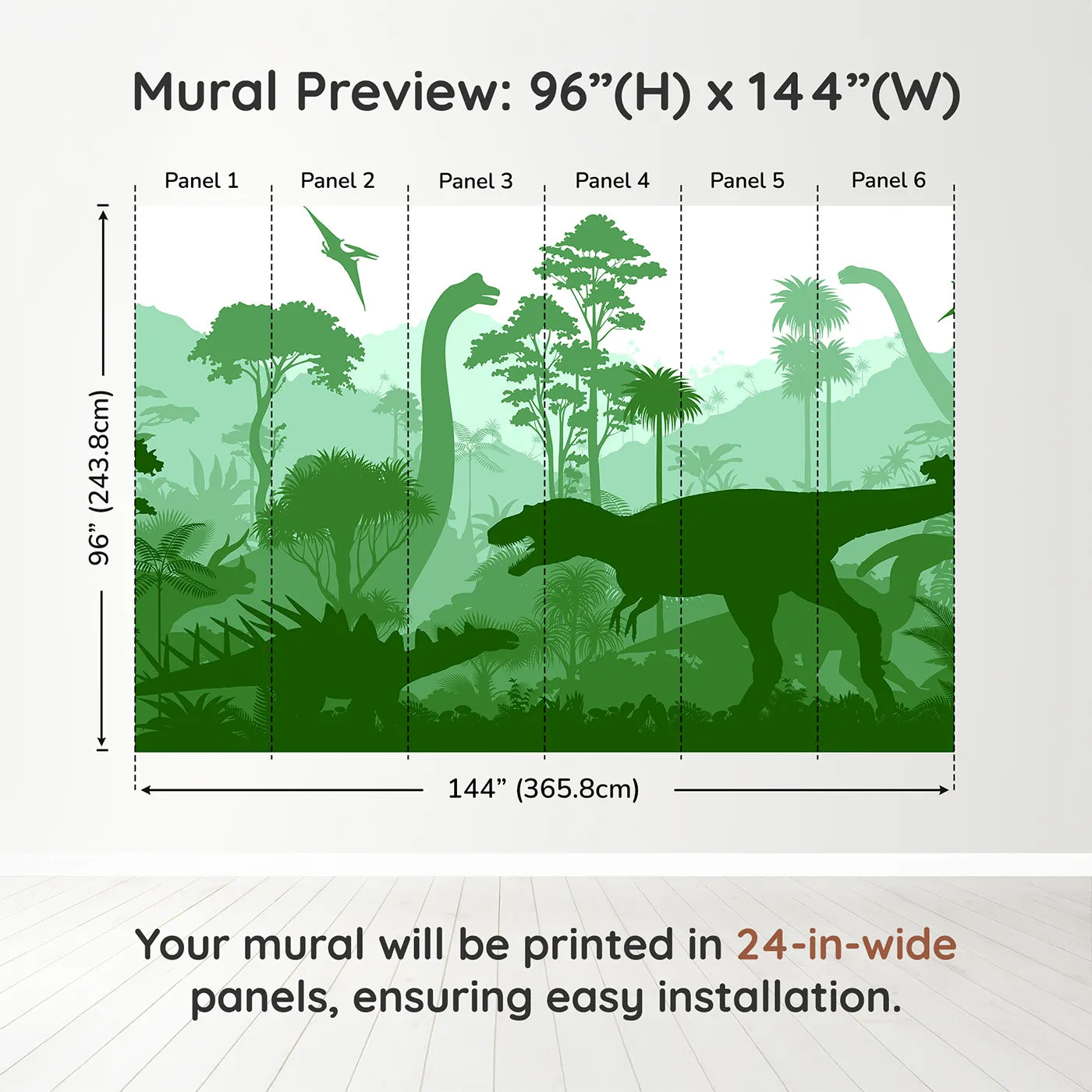 Whimsy Tots Green Dinosaur Silhouette Wall Muraldimension view (96" H x 144" W). Printed in six 24-inch-wide panels. Gender-Neutral