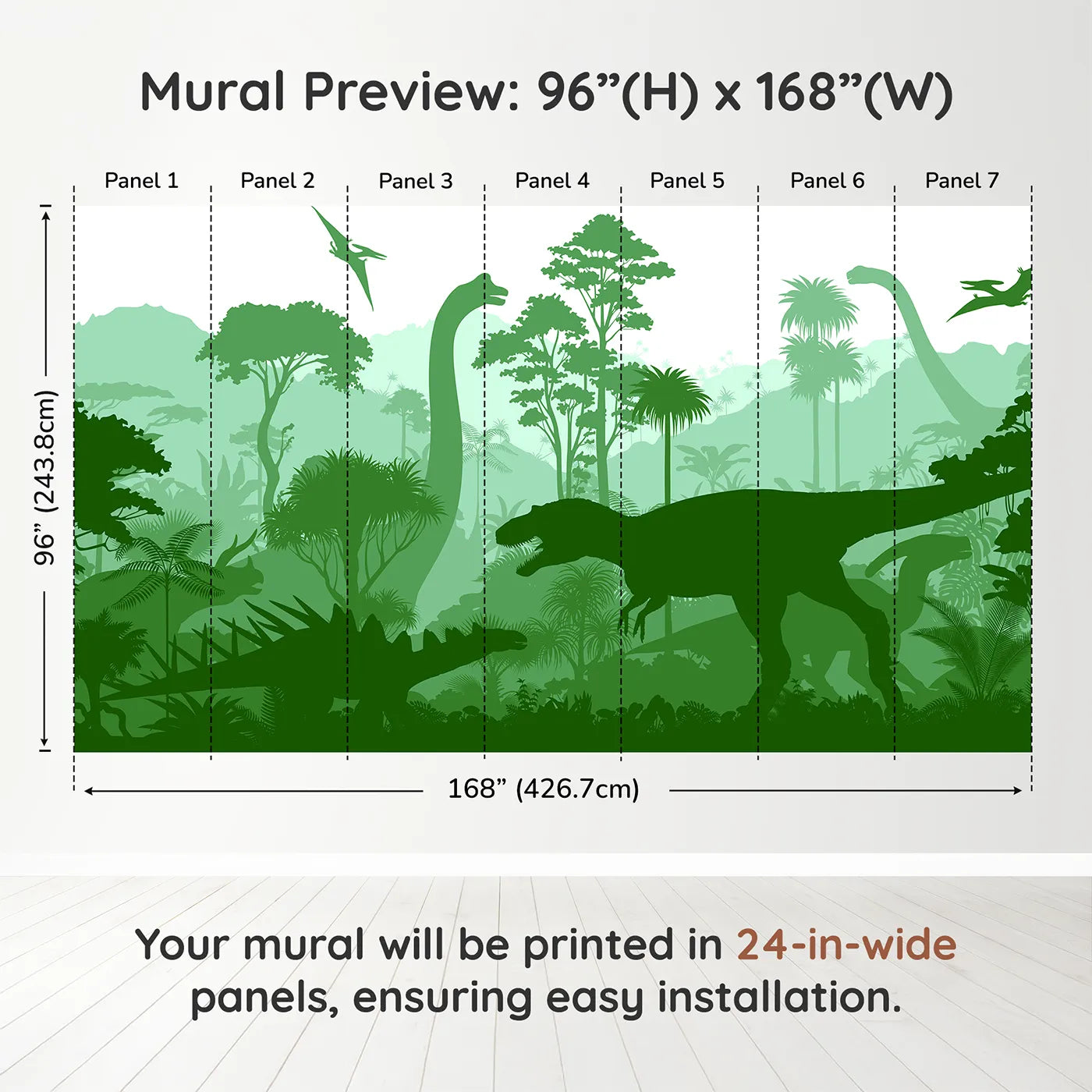 Whimsy Tots Green Dinosaur Silhouette Wall Muraldimension view (96" H x 168" W). Printed in seven 24-inch-wide panels. Gender-Neutral