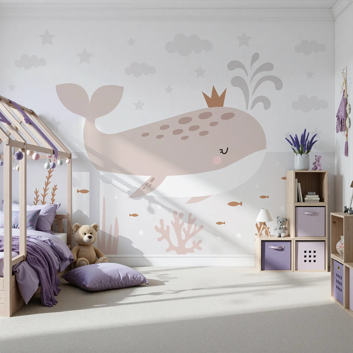 Front view of Whimsy Tots' Crowned Whale Wall Mural
