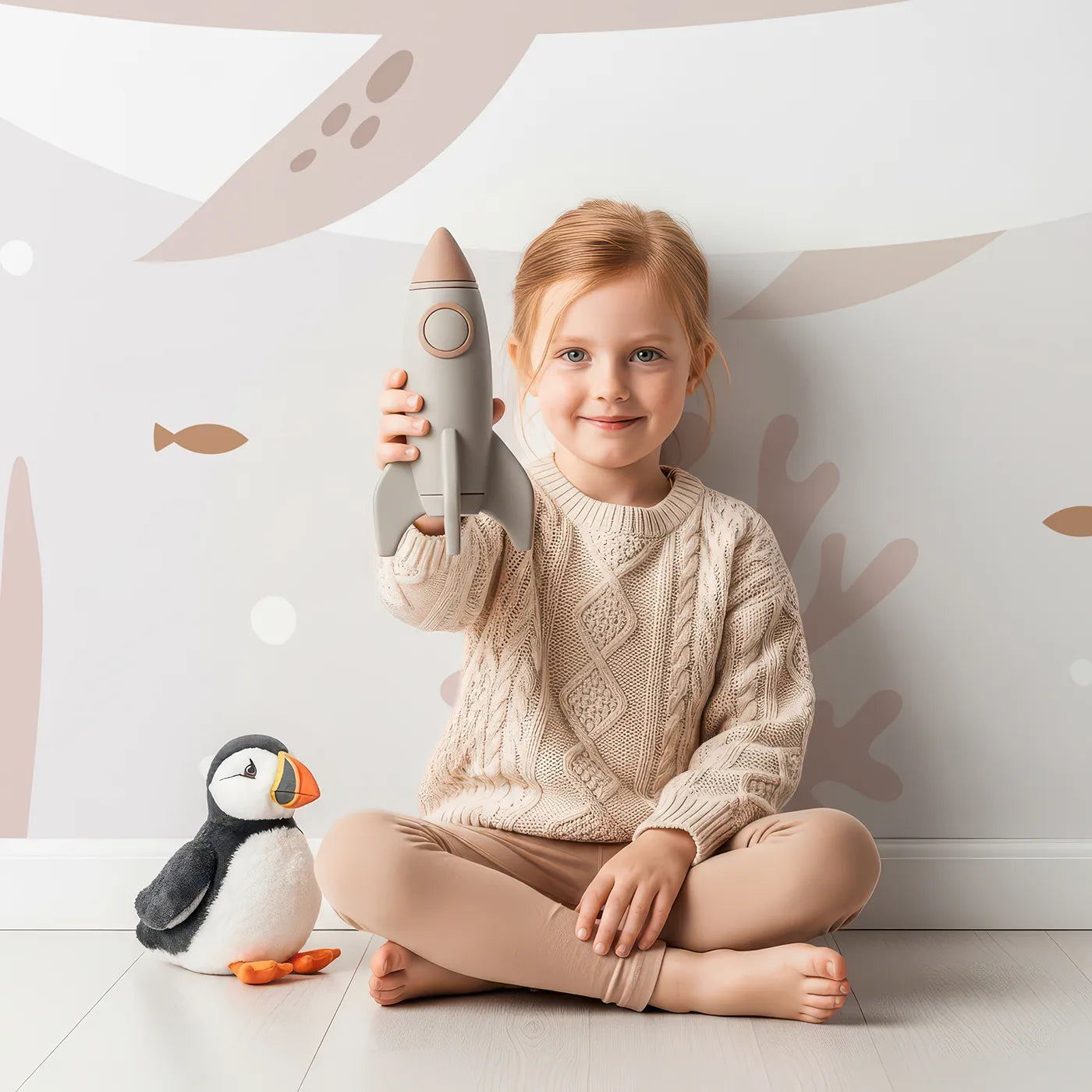 Child in front of Whimsy Tots Crowned Whale Wall Mural with whale, cute, crown, sea, ocean, beige, neutral, nursery in design.