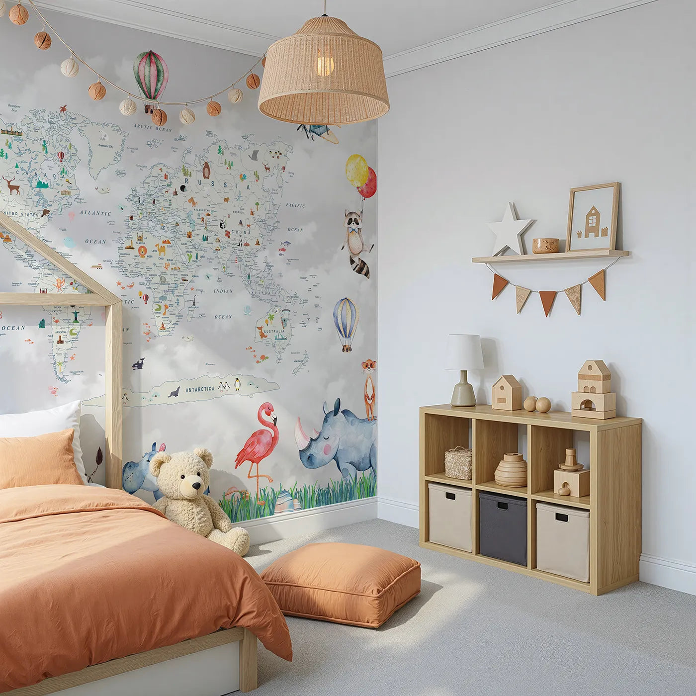 Angled view of Whimsy Tots' Animal World Tour Wall Mural (Turn Their Room into a Whimsical, Globe-Trotting Adventure).Gender-Neutral