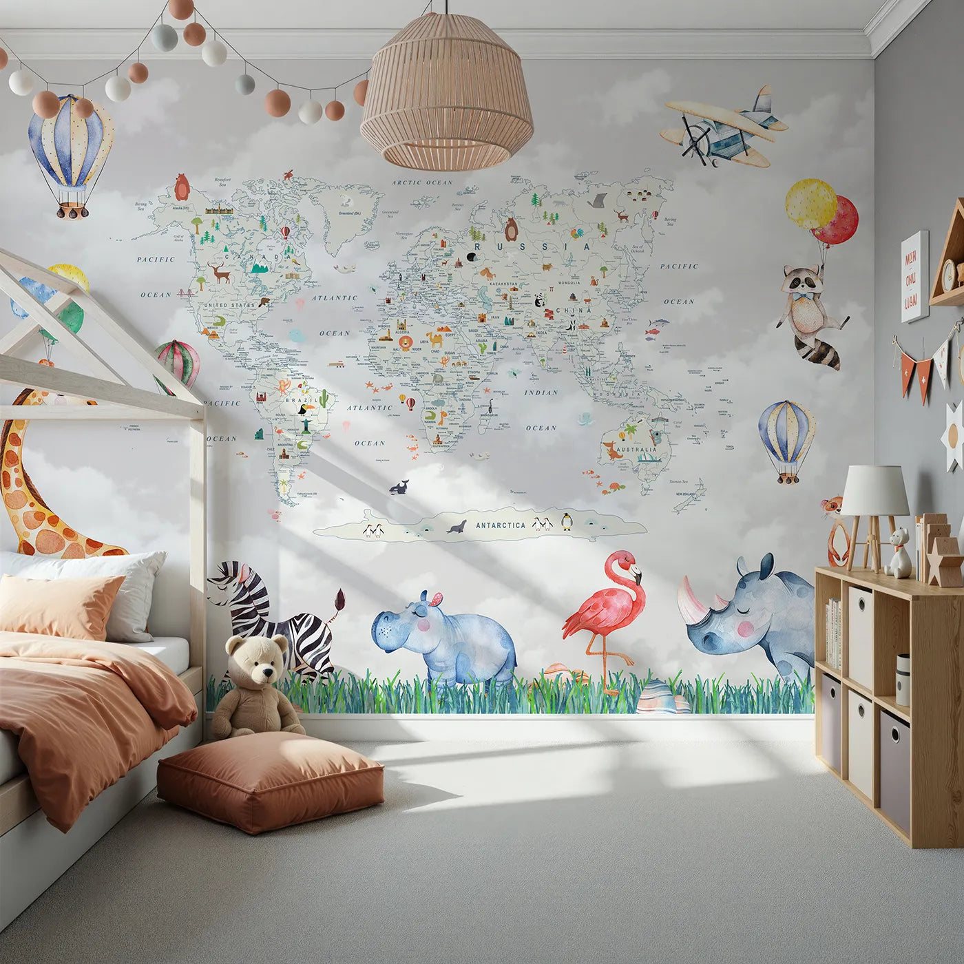 Front view of Whimsy Tots' Animal World Tour Wall Mural