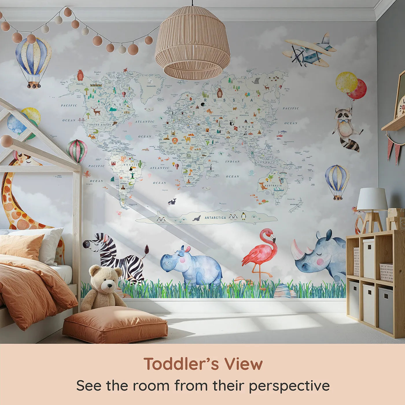 Whimsy Tots Animal World Tour Wall Mural (Turn Their Room into a Whimsical, Globe-Trotting Adventure) from your child's view.Gender-Neutral