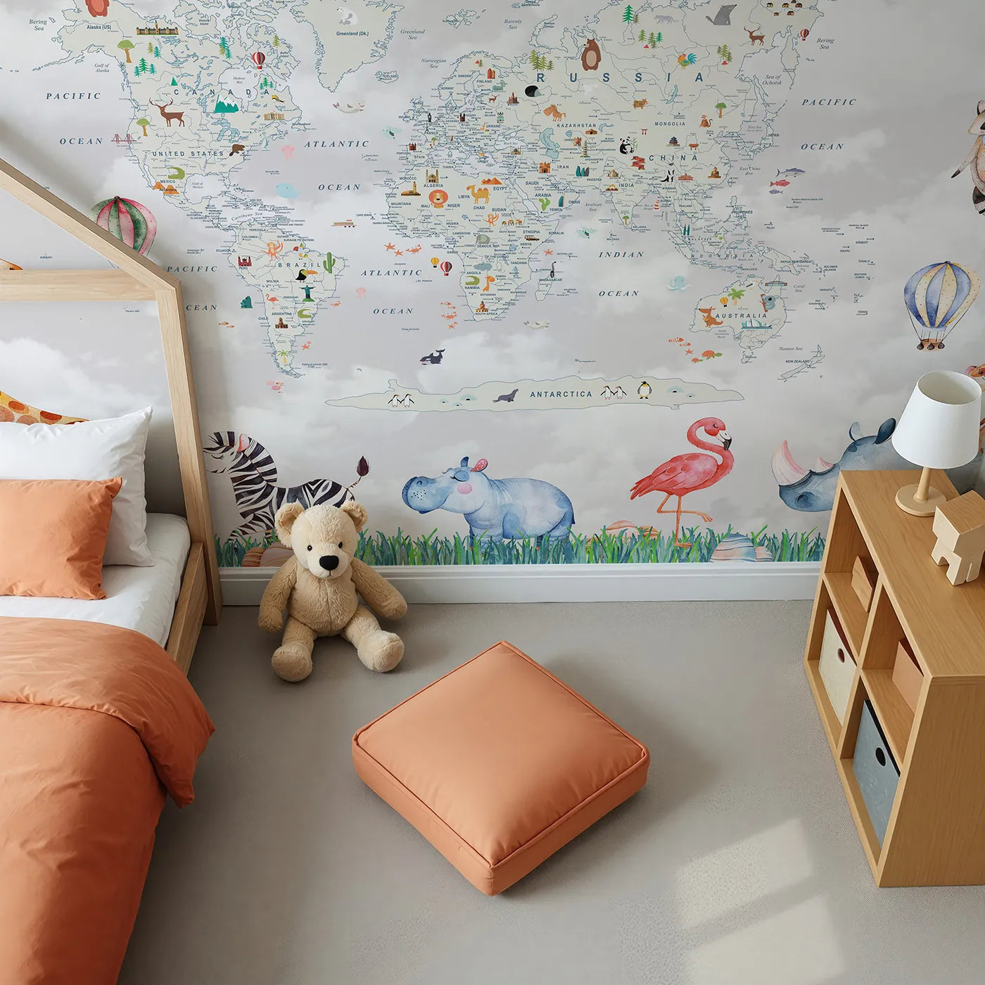 Top-down view of Whimsy Tots' Animal World Tour Wall Mural (Turn Their Room into a Whimsical, Globe-Trotting Adventure).Gender-Neutral