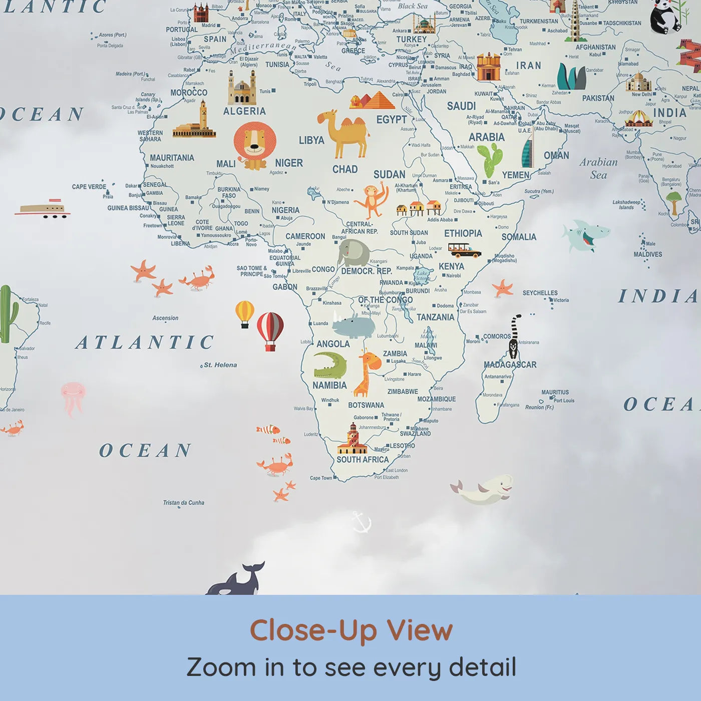 Close-up view of Whimsy Tots' Animal World Tour Wall Mural (Turn Their Room into a Whimsical, Globe-Trotting Adventure).Gender-Neutral