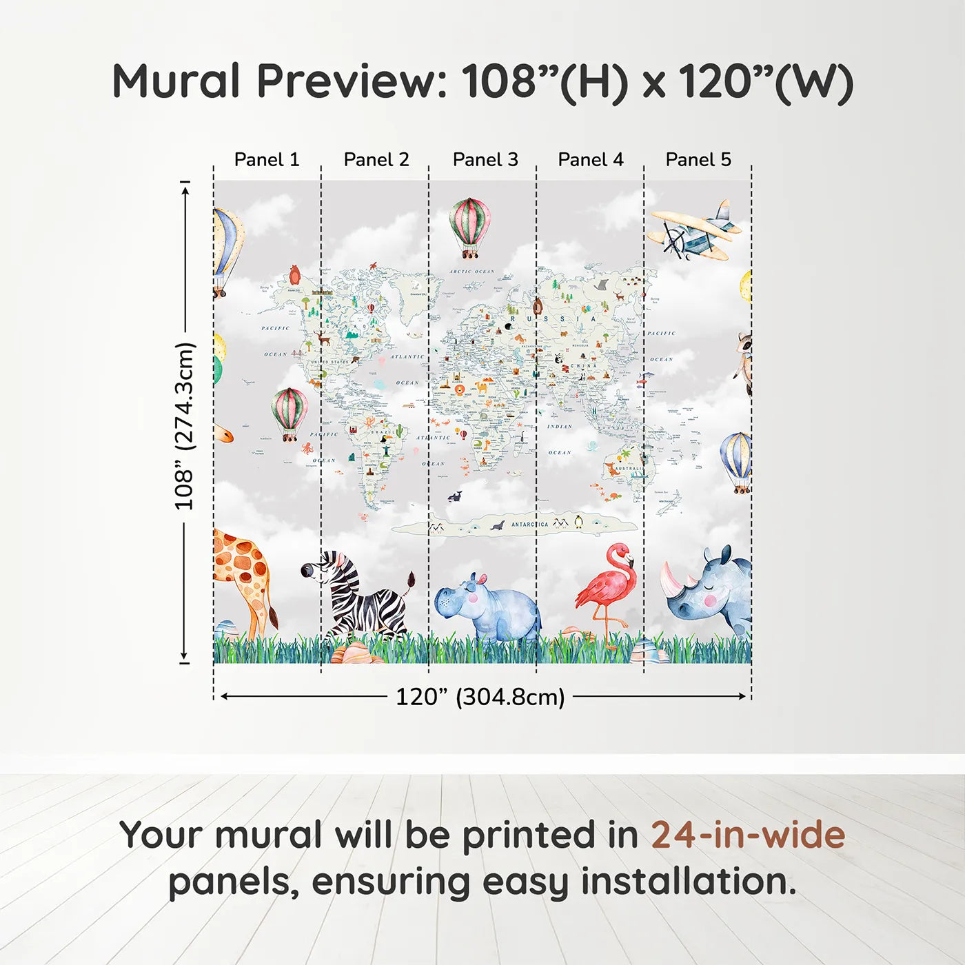 Whimsy Tots Animal World Tour Wall Muraldimension view (108" H x 120" W). Printed in five 24-inch-wide panels. Gender-Neutral