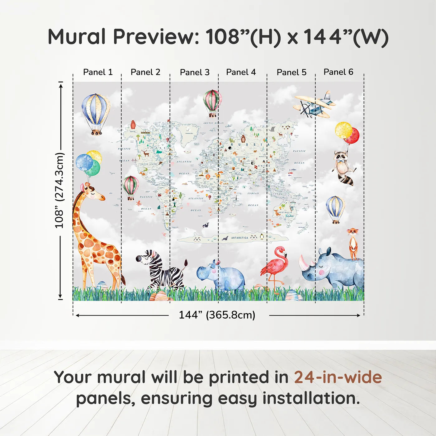 Whimsy Tots Animal World Tour Wall Muraldimension view (108" H x 144" W). Printed in six 24-inch-wide panels. Gender-Neutral