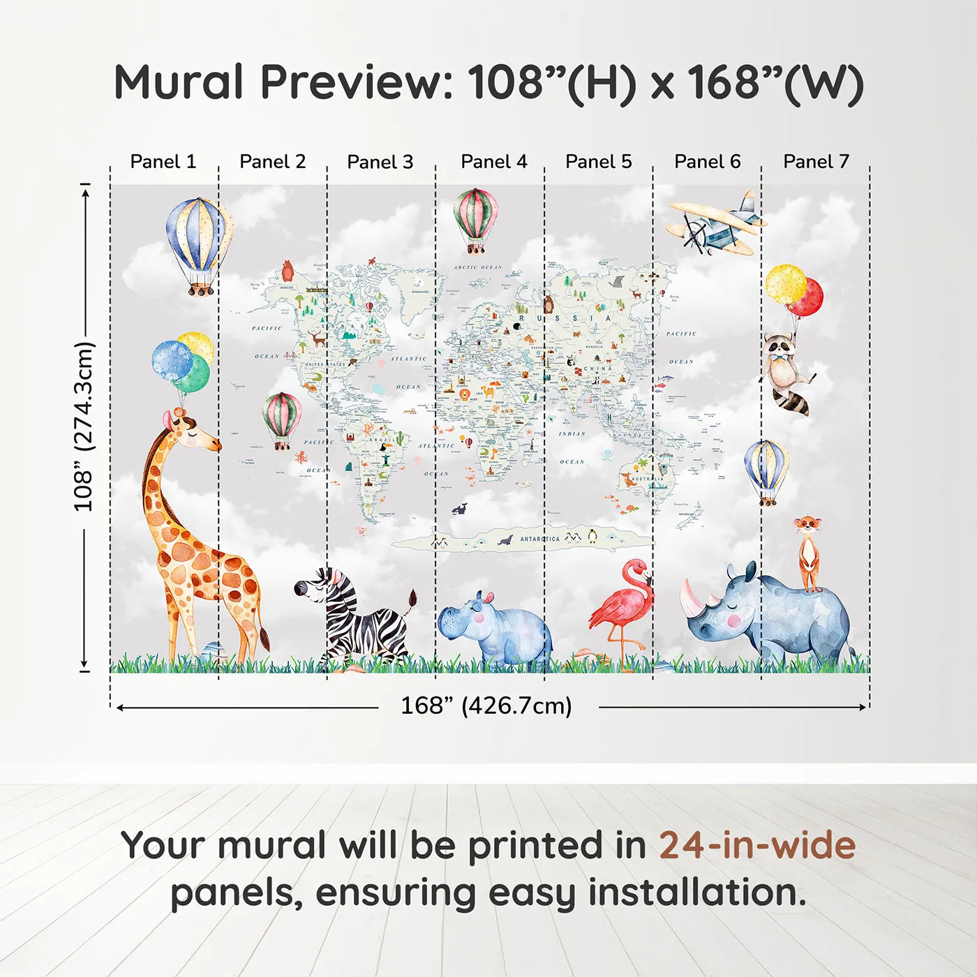 Whimsy Tots Animal World Tour Wall Muraldimension view (108" H x 168" W). Printed in seven 24-inch-wide panels. Gender-Neutral