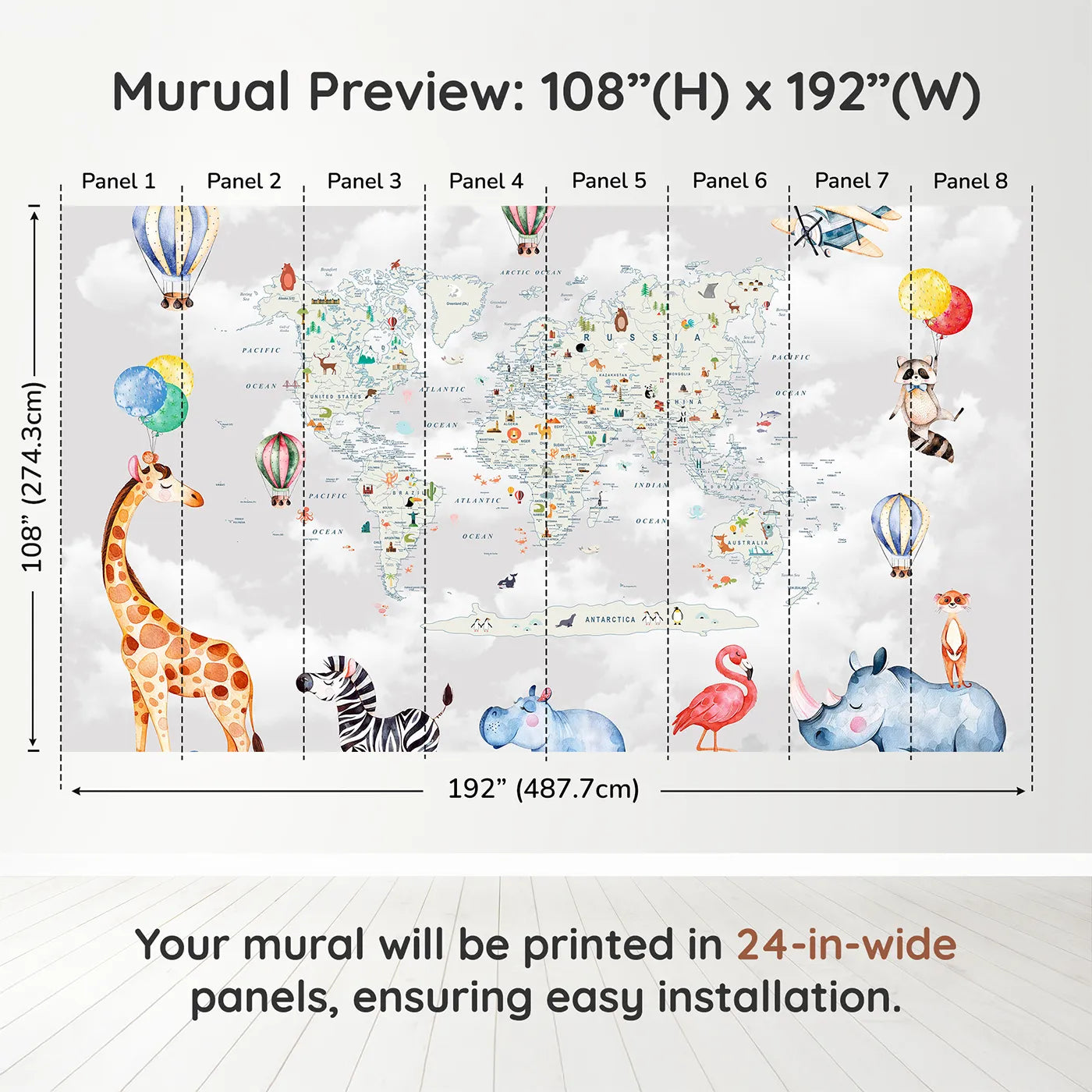 Whimsy Tots Animal World Tour Wall Muraldimension view (108" H x 192" W). Printed in eight 24-inch-wide panels. Gender-Neutral
