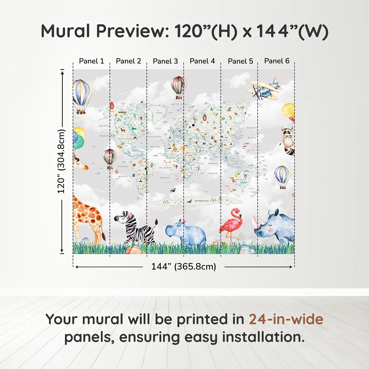 Whimsy Tots Animal World Tour Wall Muraldimension view (120" H x 144" W). Printed in six 24-inch-wide panels. Gender-Neutral
