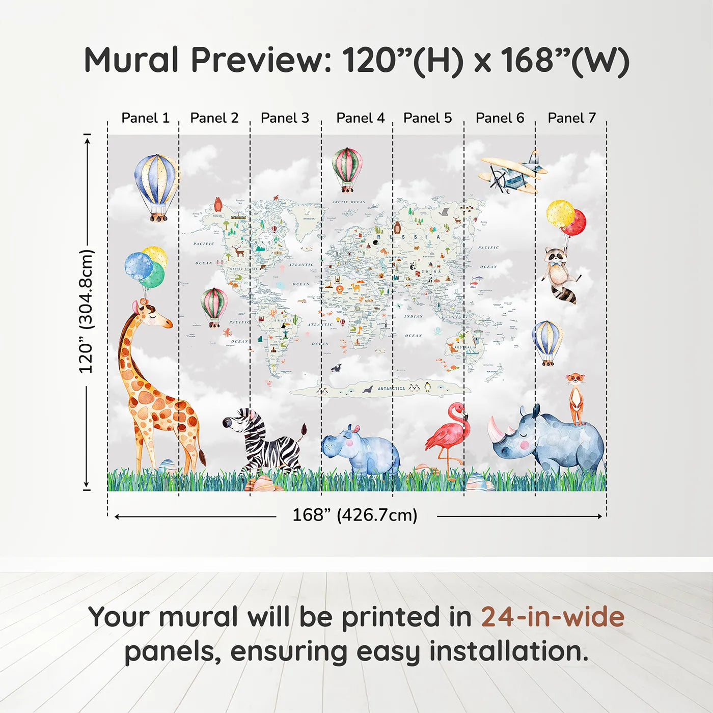 Whimsy Tots Animal World Tour Wall Muraldimension view (120" H x 168" W). Printed in seven 24-inch-wide panels. Gender-Neutral