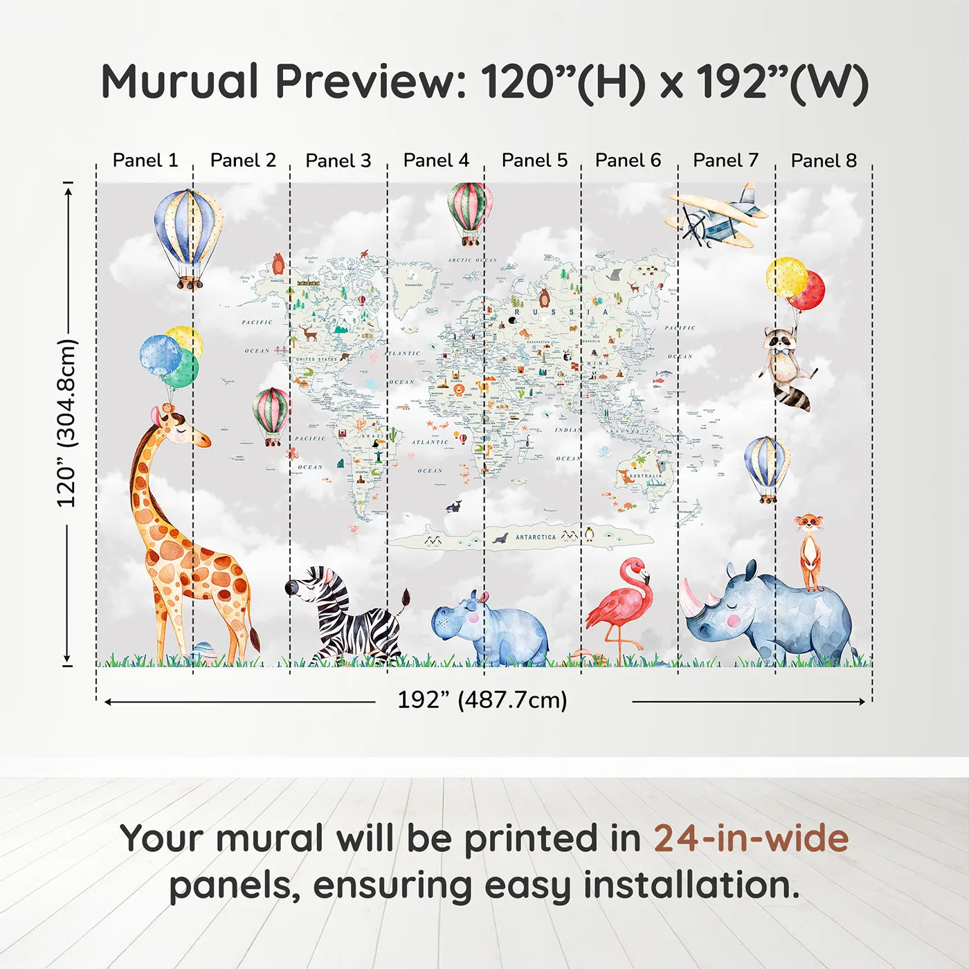 Whimsy Tots Animal World Tour Wall Muraldimension view (120" H x 192" W). Printed in eight 24-inch-wide panels. Gender-Neutral