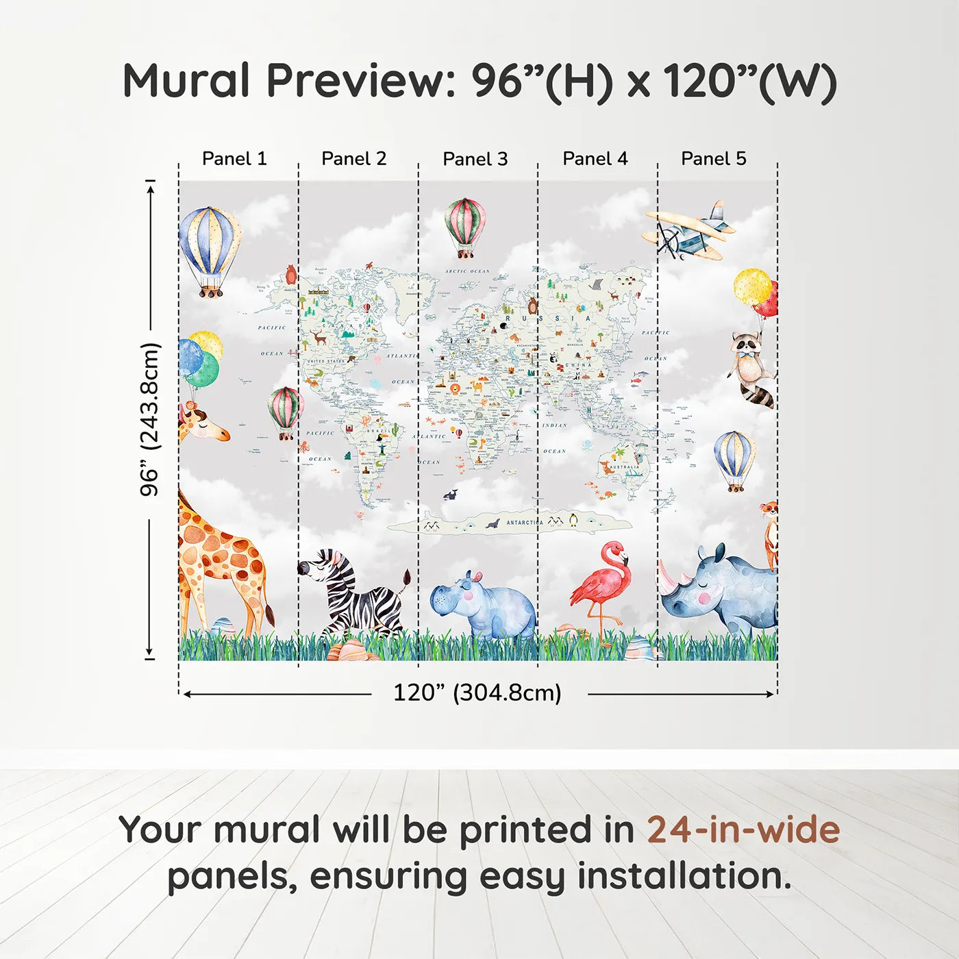 Whimsy Tots Animal World Tour Wall Muraldimension view (96" H x 120" W). Printed in five 24-inch-wide panels. Gender-Neutral