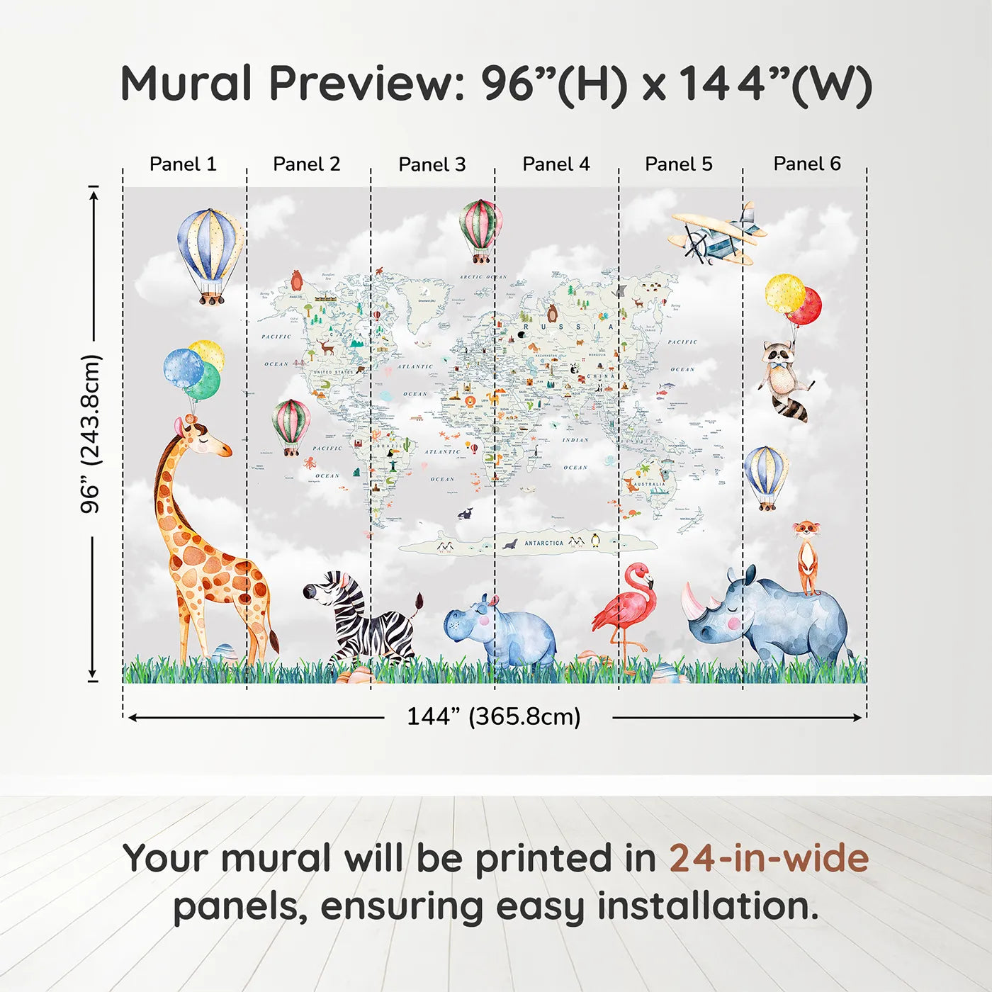 Whimsy Tots Animal World Tour Wall Muraldimension view (96" H x 144" W). Printed in six 24-inch-wide panels. Gender-Neutral