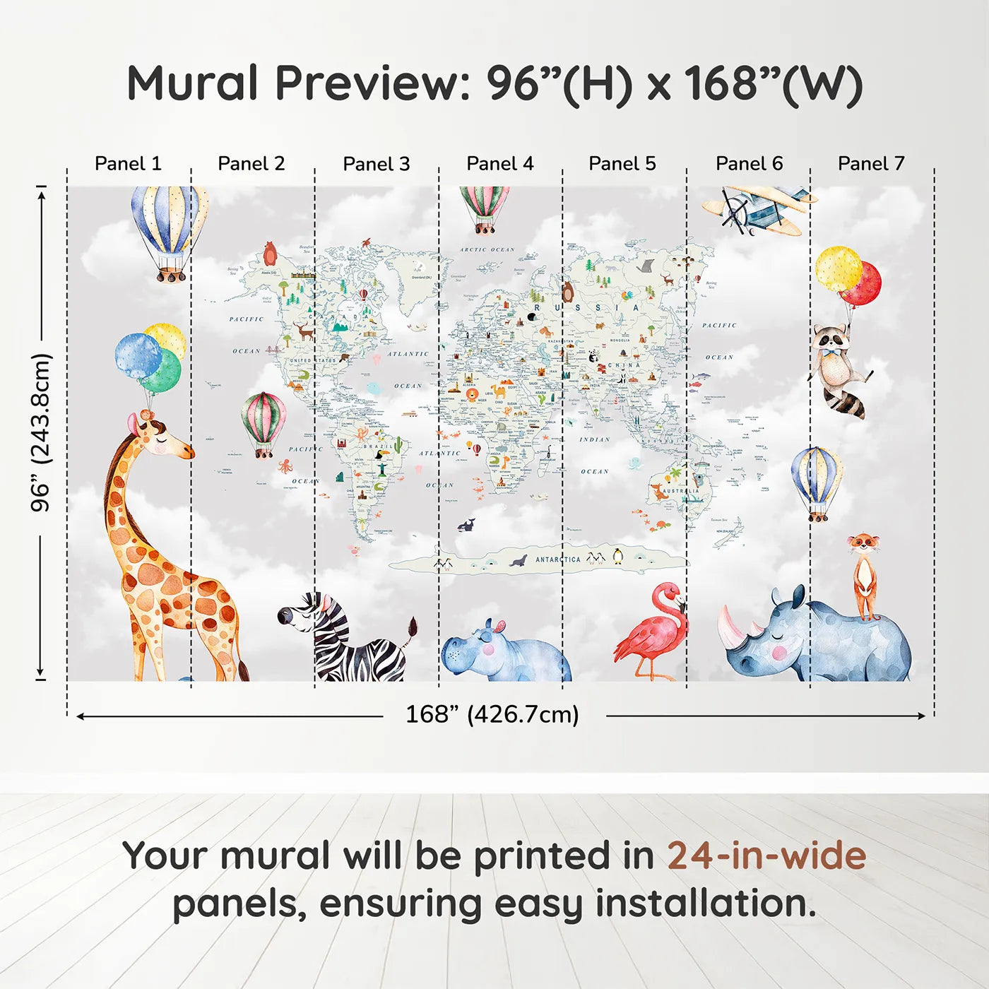 Whimsy Tots Animal World Tour Wall Muraldimension view (96" H x 168" W). Printed in seven 24-inch-wide panels. Gender-Neutral
