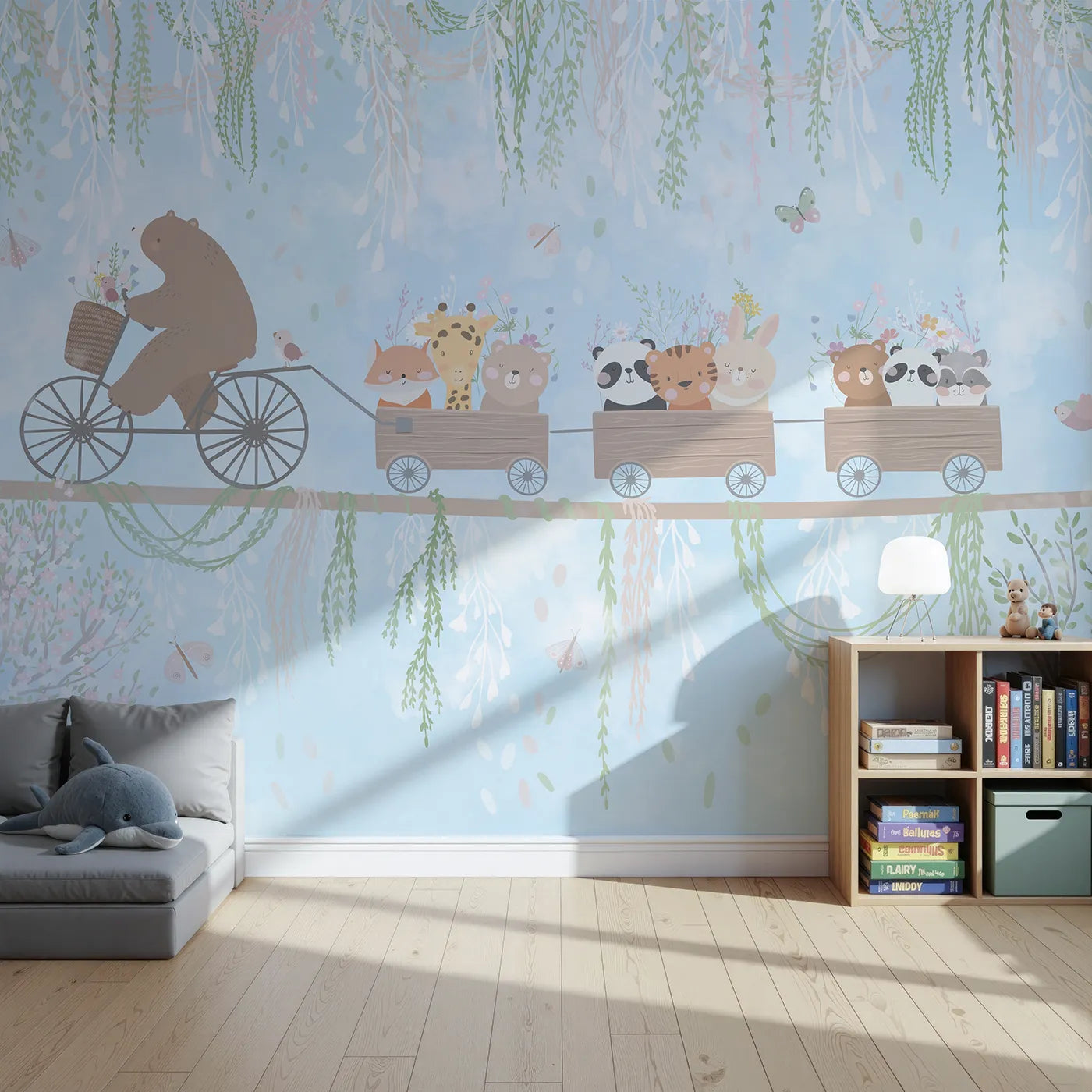 Front view of Whimsy Tots' Animal Friendship Train Wall Mural