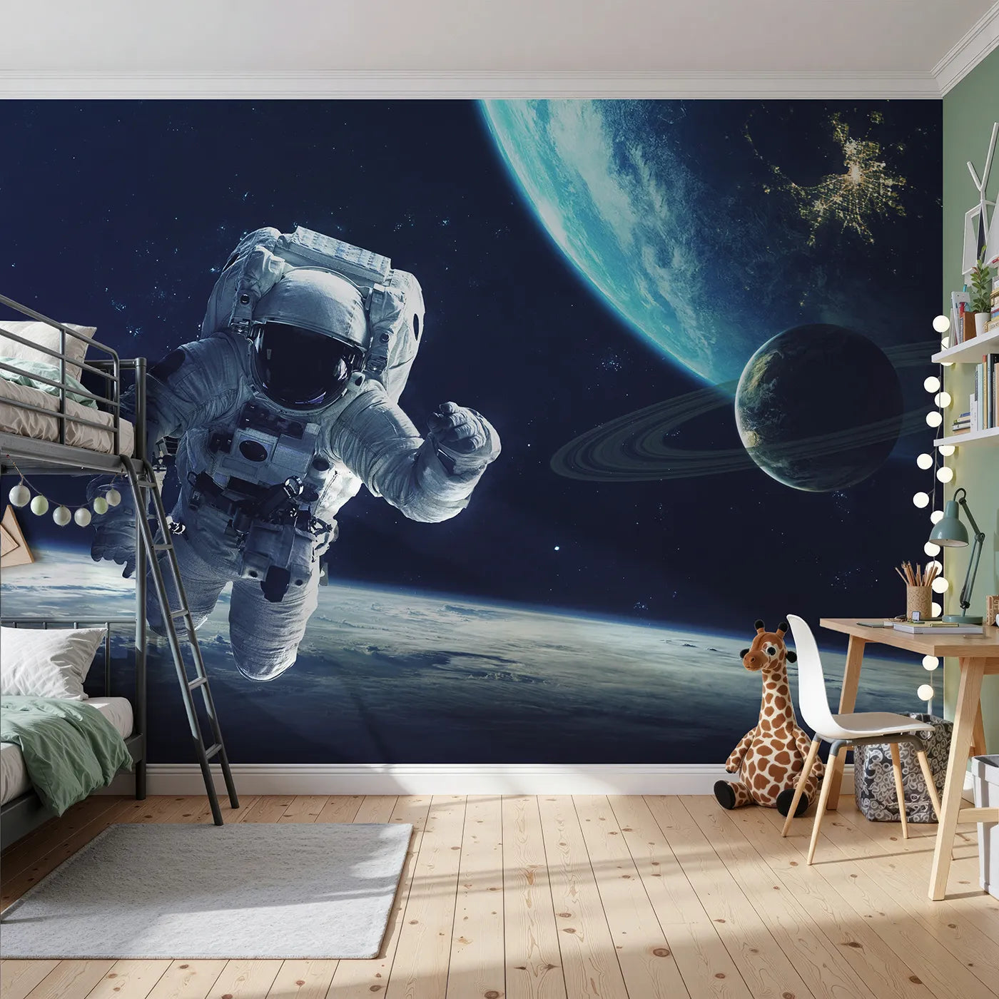 Front view of Whimsy Tots' Astronaut and Planets Wall Mural