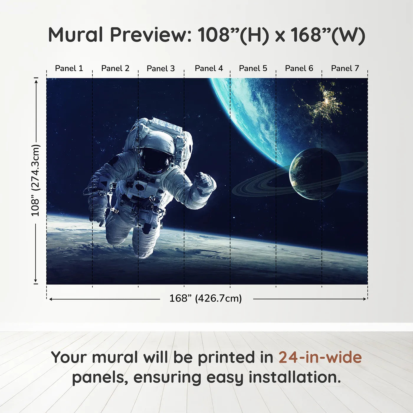 Whimsy Tots Astronaut and Planets Wall Muraldimension view (108" H x 168" W). Printed in seven 24-inch-wide panels. Gender-Neutral