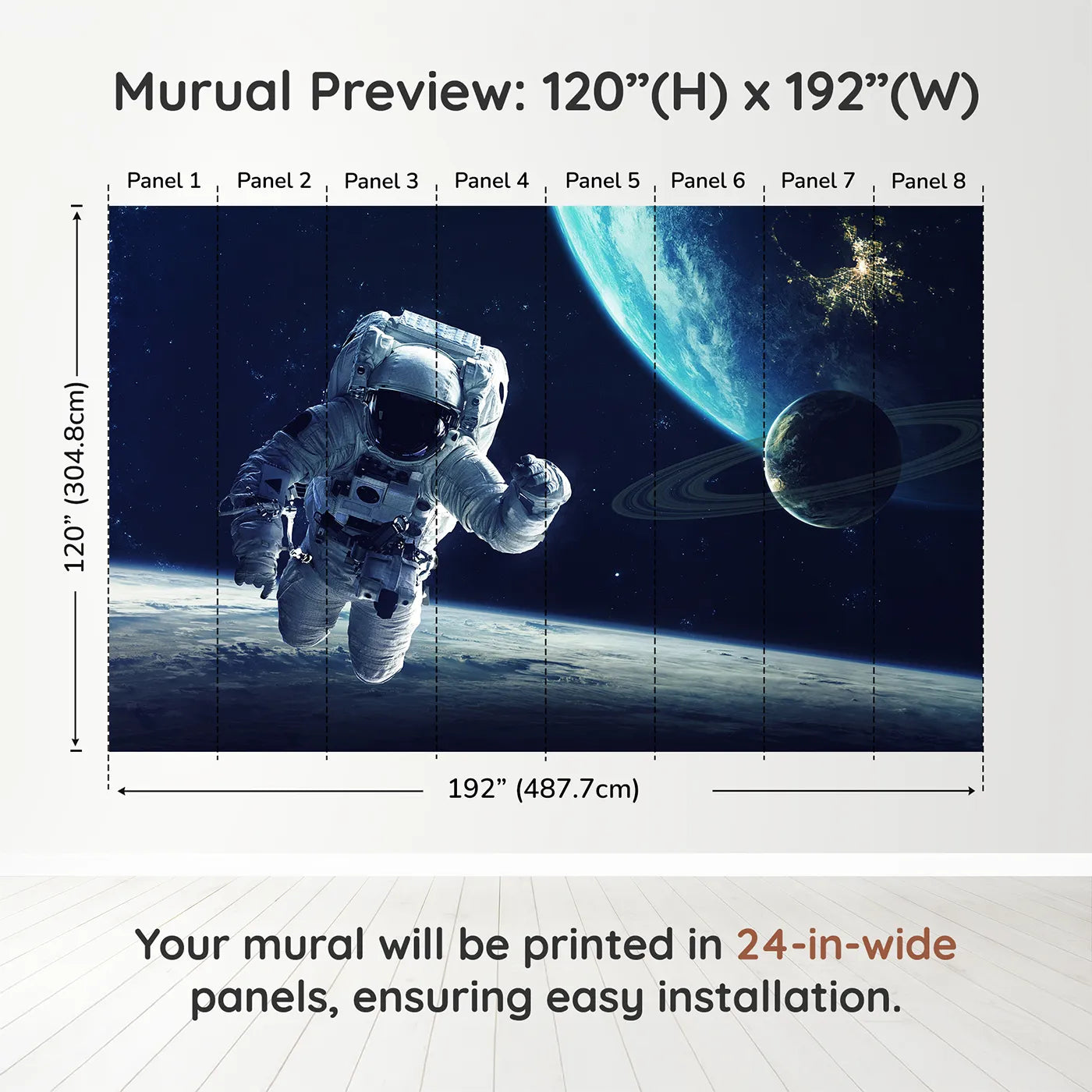 Whimsy Tots Astronaut and Planets Wall Muraldimension view (120" H x 192" W). Printed in eight 24-inch-wide panels. Gender-Neutral