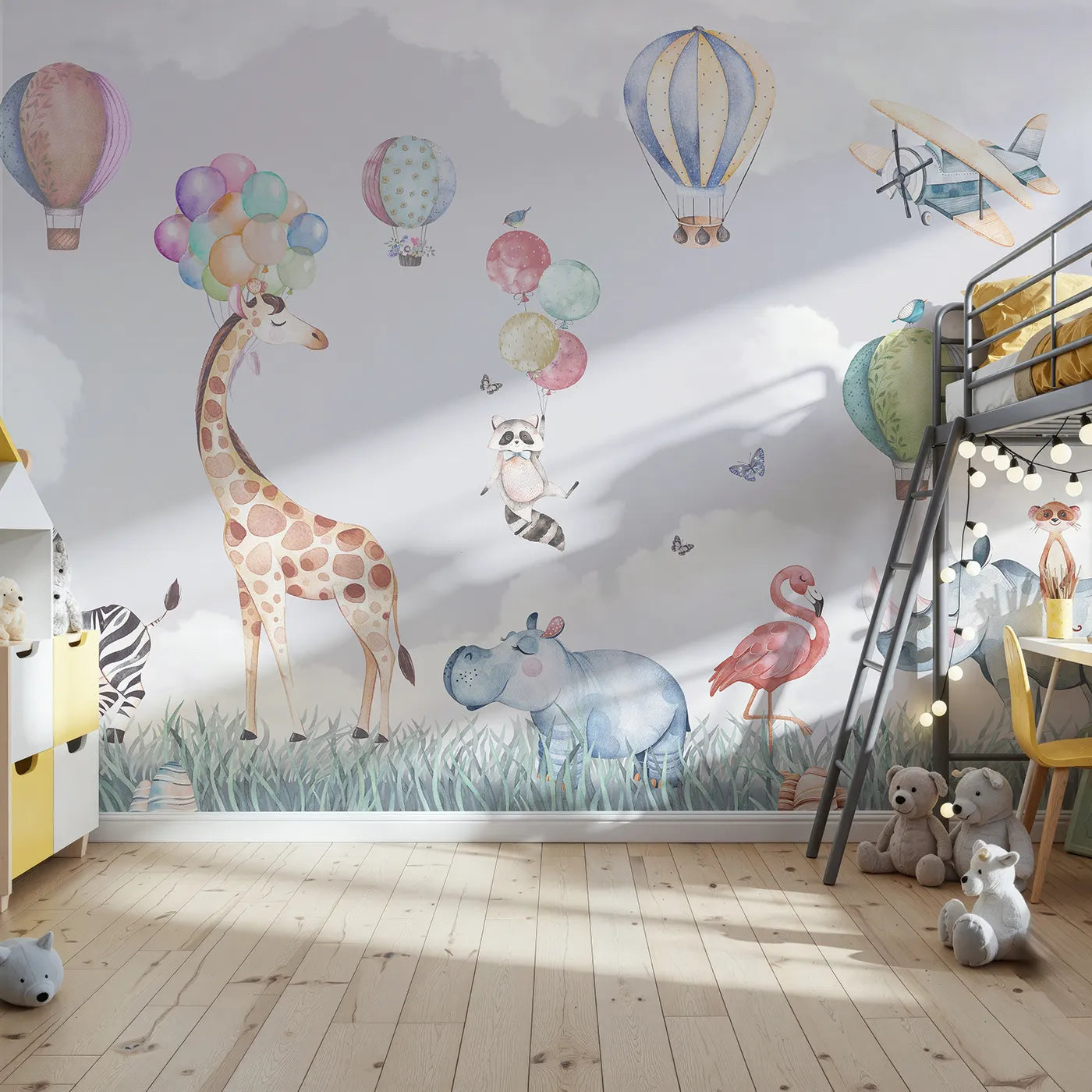 Front view of Whimsy Tots' Safari Sky Parade Wall Mural
