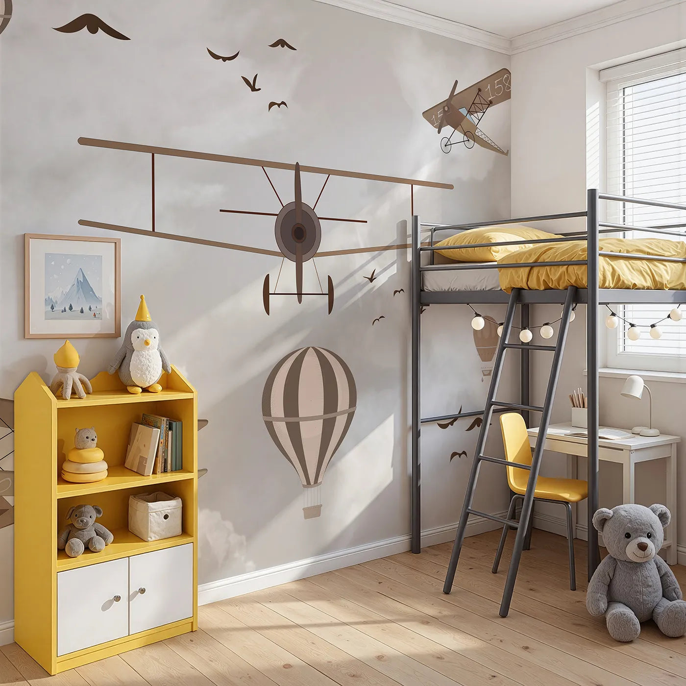 Angled view of Whimsy Tots' Vintage Sky Fleet Wall Mural in Brown (Turn Their Room into a Nostalgic, Cloudy Day of Flying).Gender-Neutral
