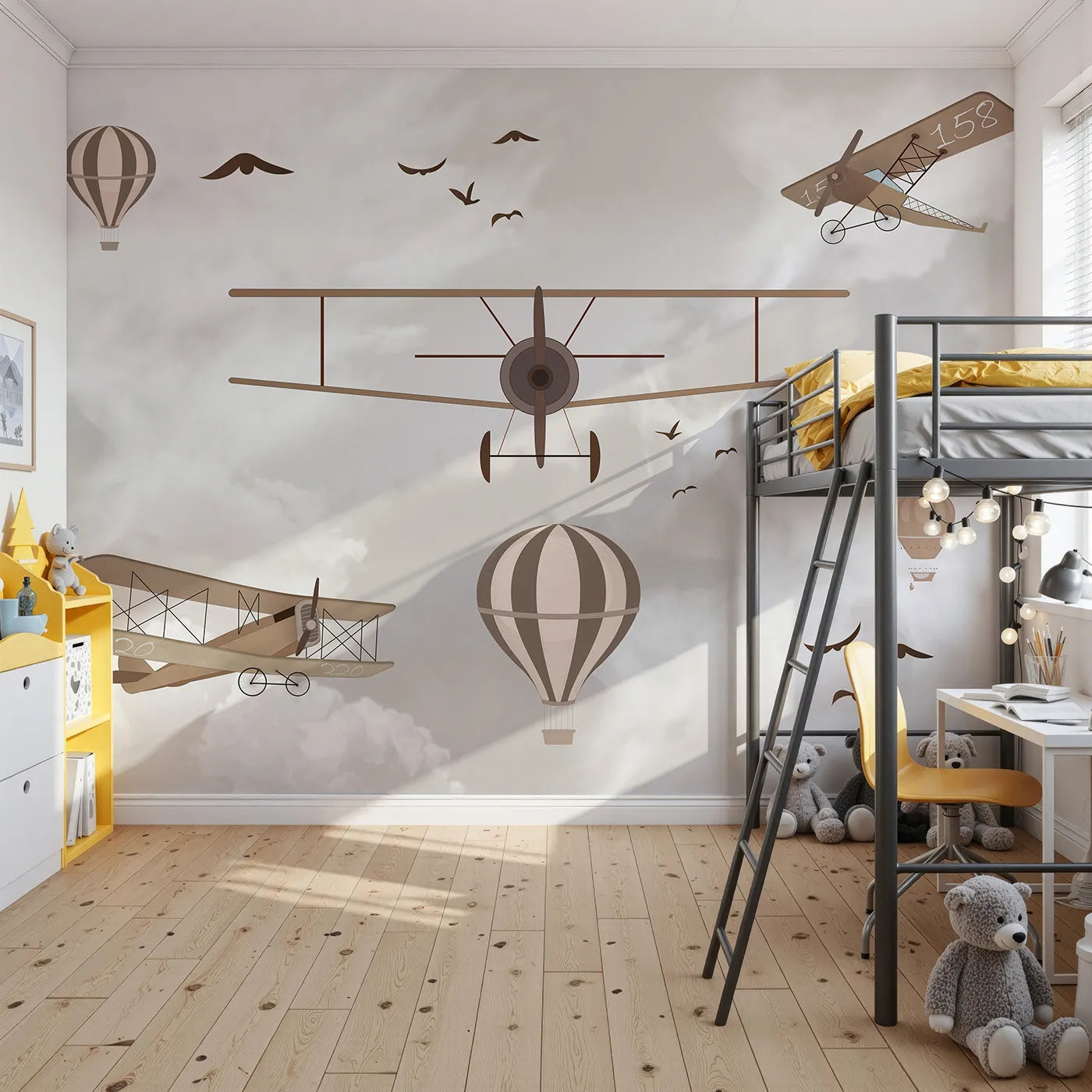 Front view of Whimsy Tots' Vintage Sky Fleet Wall Mural in Brown
