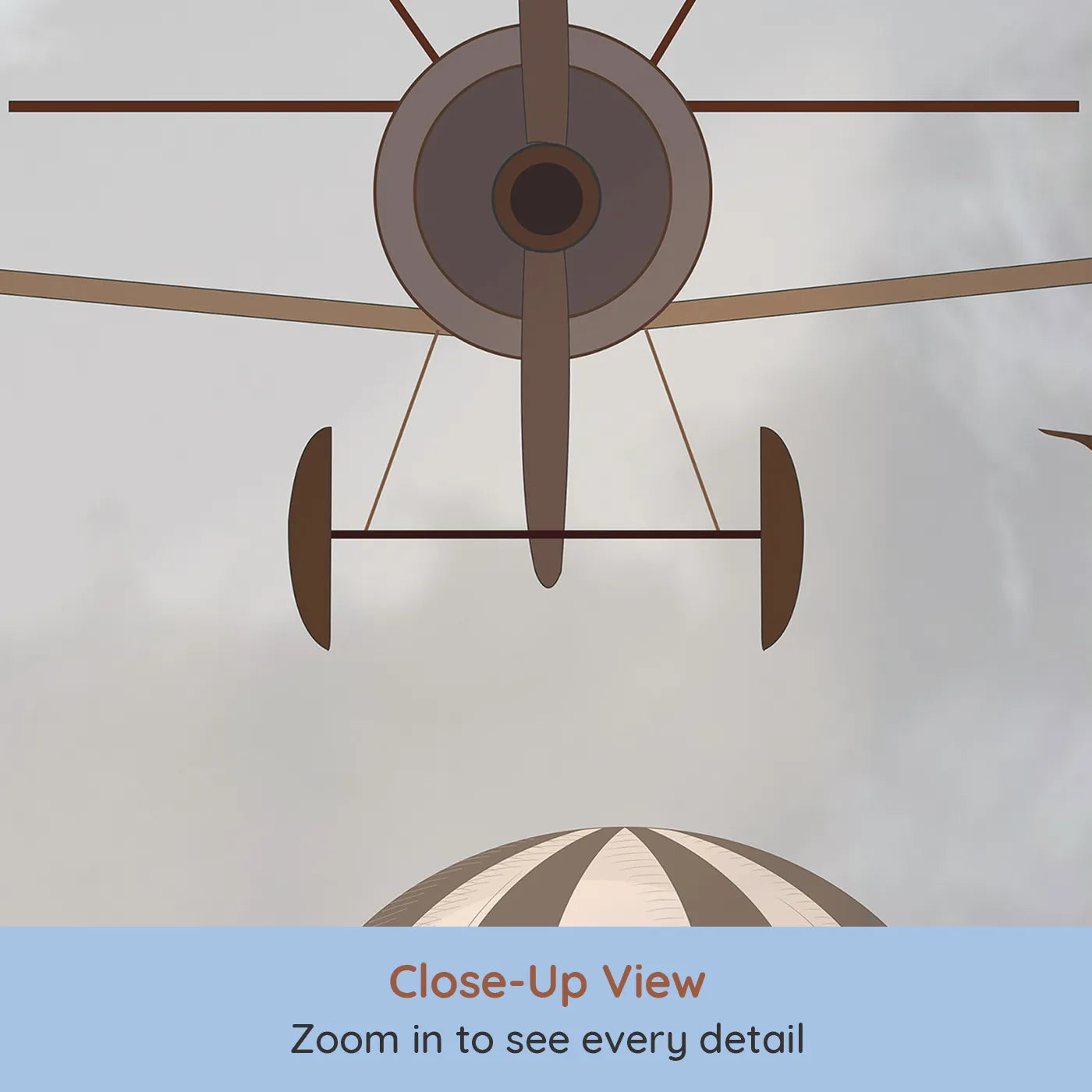 Close-up view of Whimsy Tots' Vintage Sky Fleet Wall Mural in Brown (Turn Their Room into a Nostalgic, Cloudy Day of Flying).Gender-Neutral