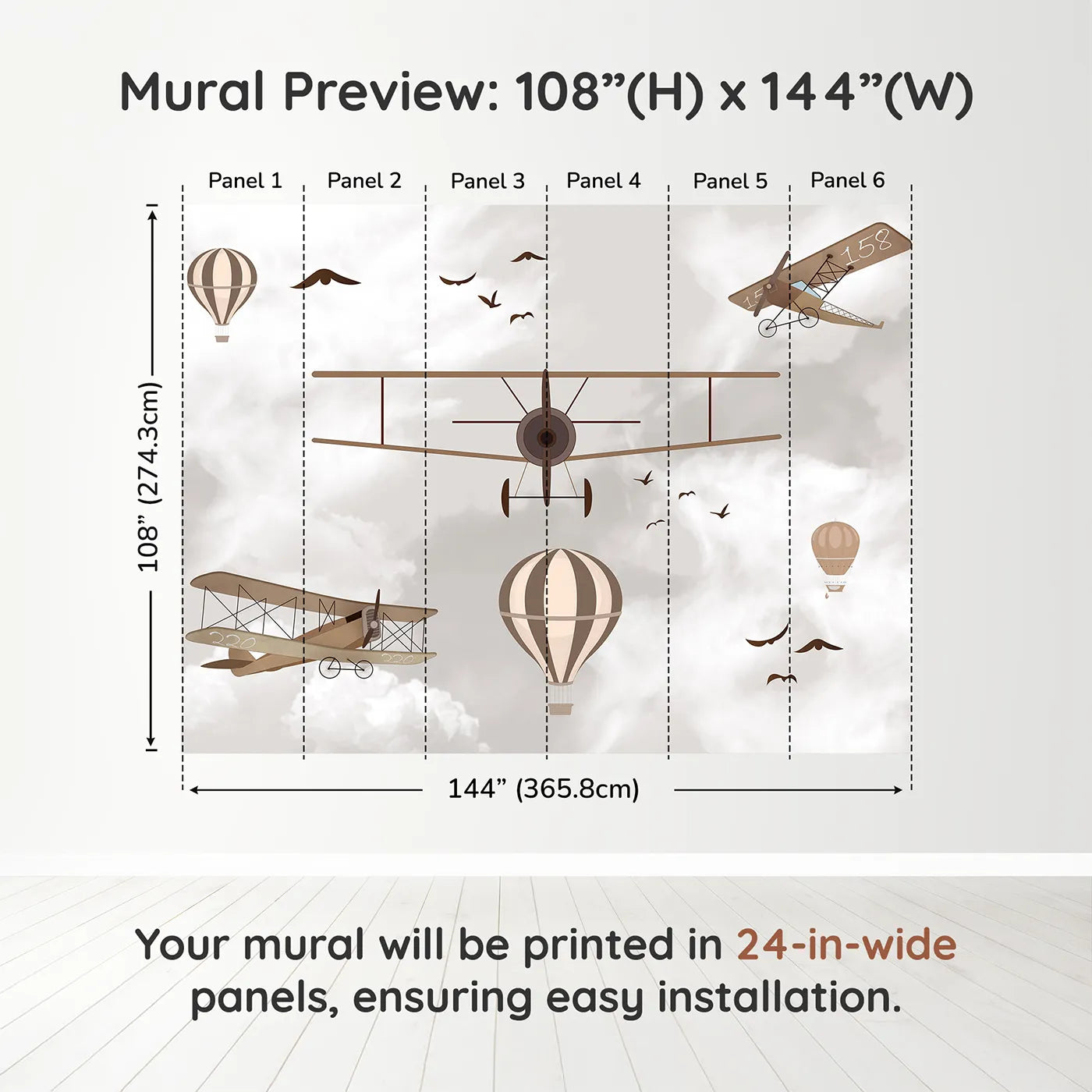 Whimsy Tots Vintage Sky Fleet Wall Mural in Browndimension view (108" H x 144" W). Printed in six 24-inch-wide panels. Gender-Neutral
